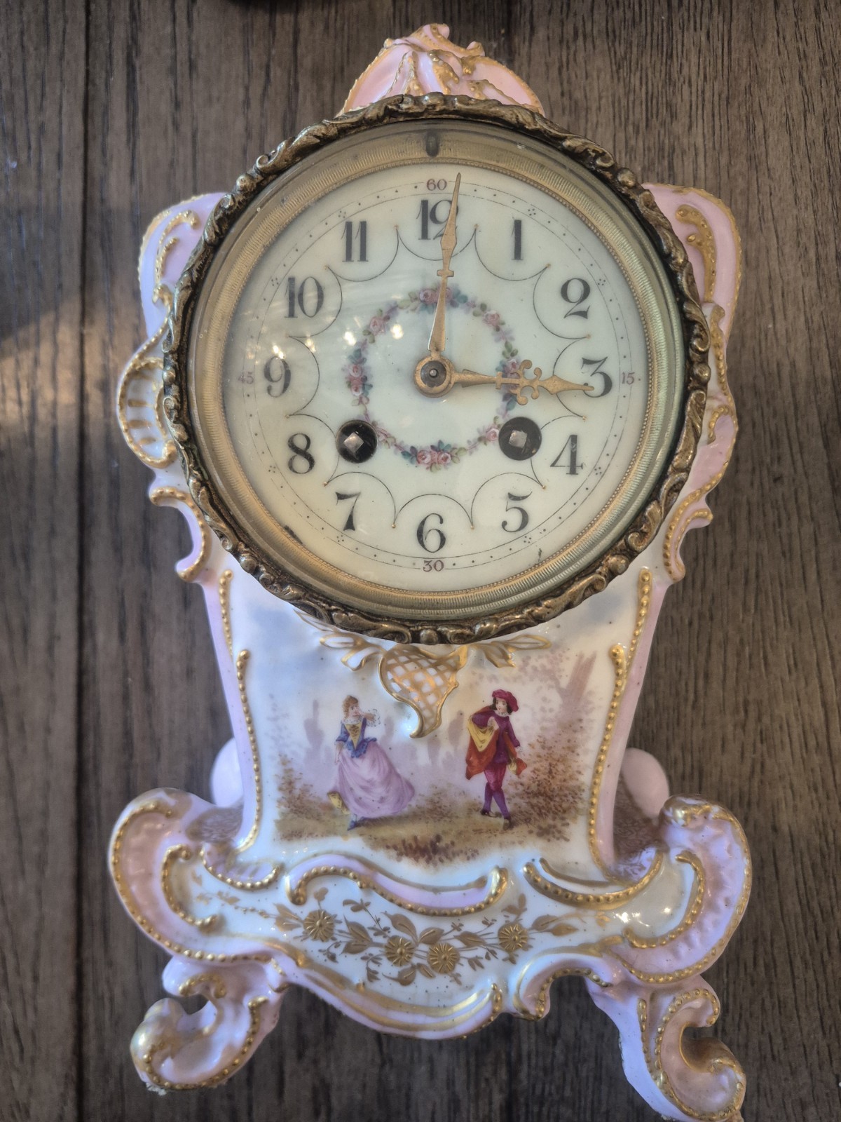 French Antique Porcelain Designed Hand-Painted Mantel Clock Pink Man Woman