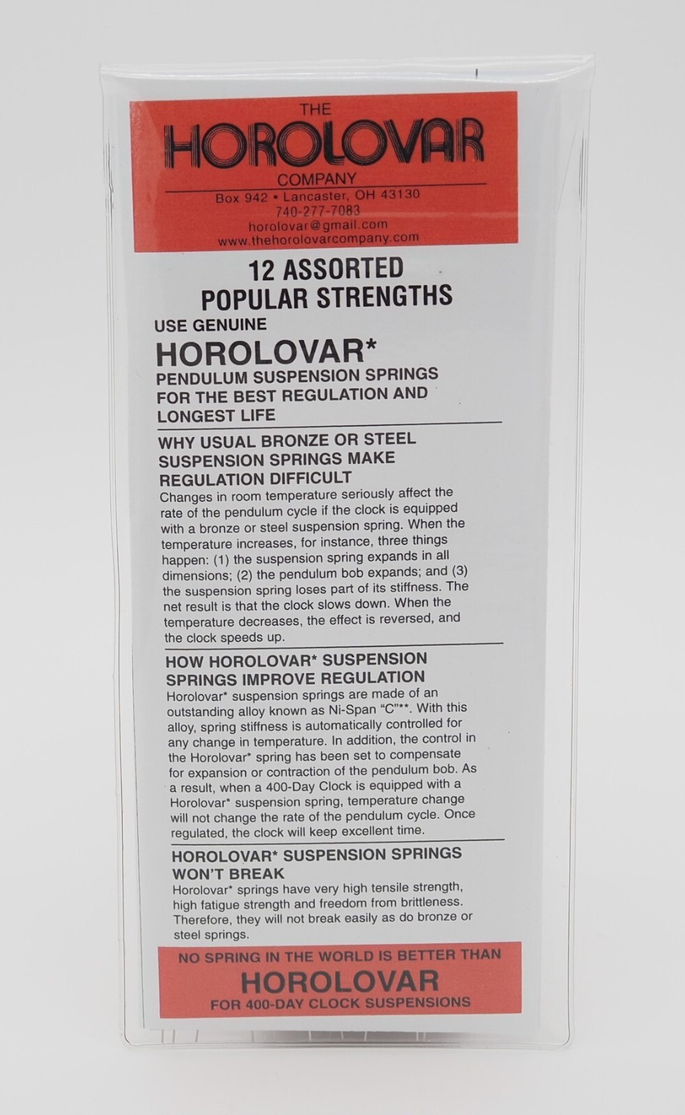 Horolovar Anniversary Clock Suspension Spring Assortment of 12 Popular Strengths