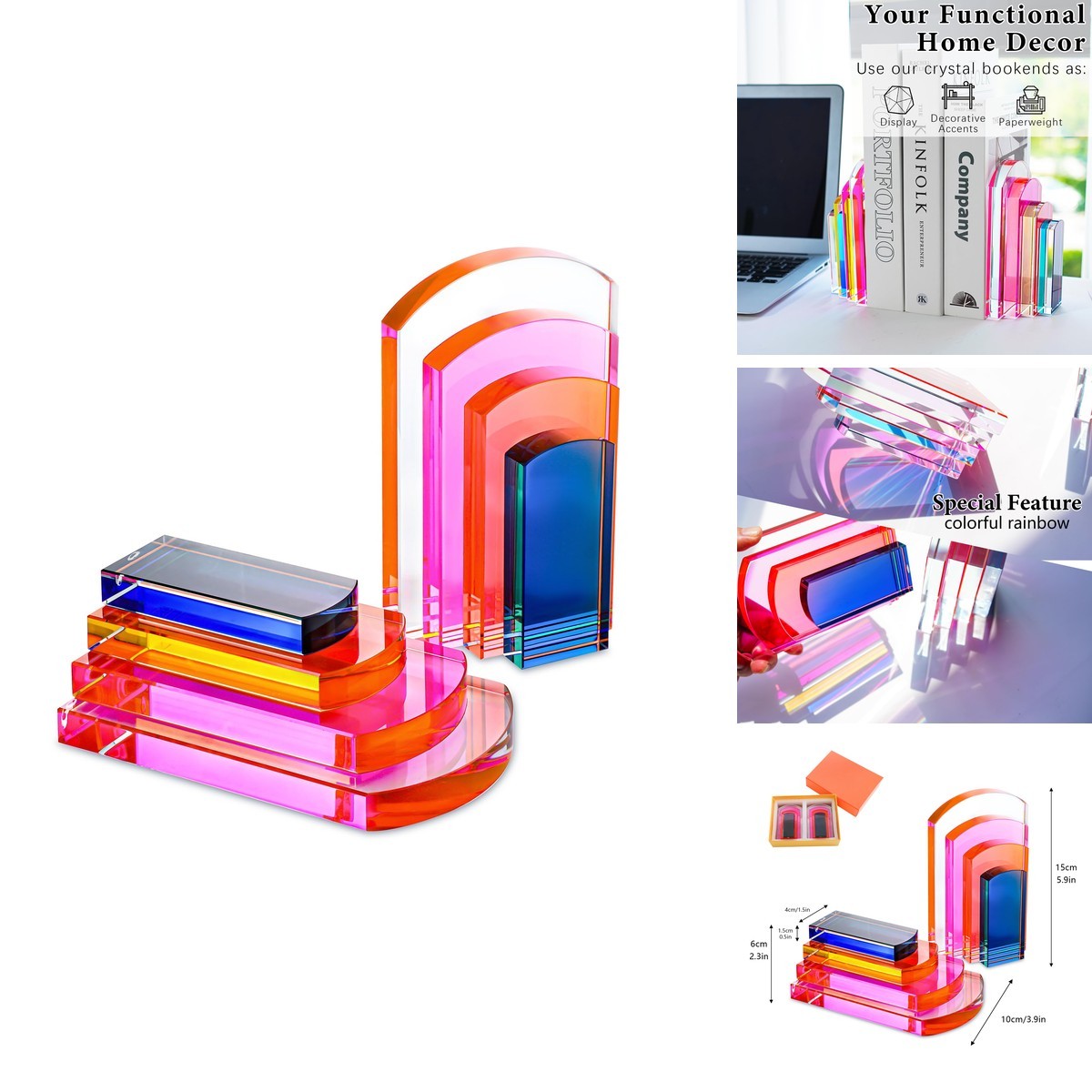 H&D HYALINE & DORA Heavy Crystal Bookends Colorful Non-Skid Geometric