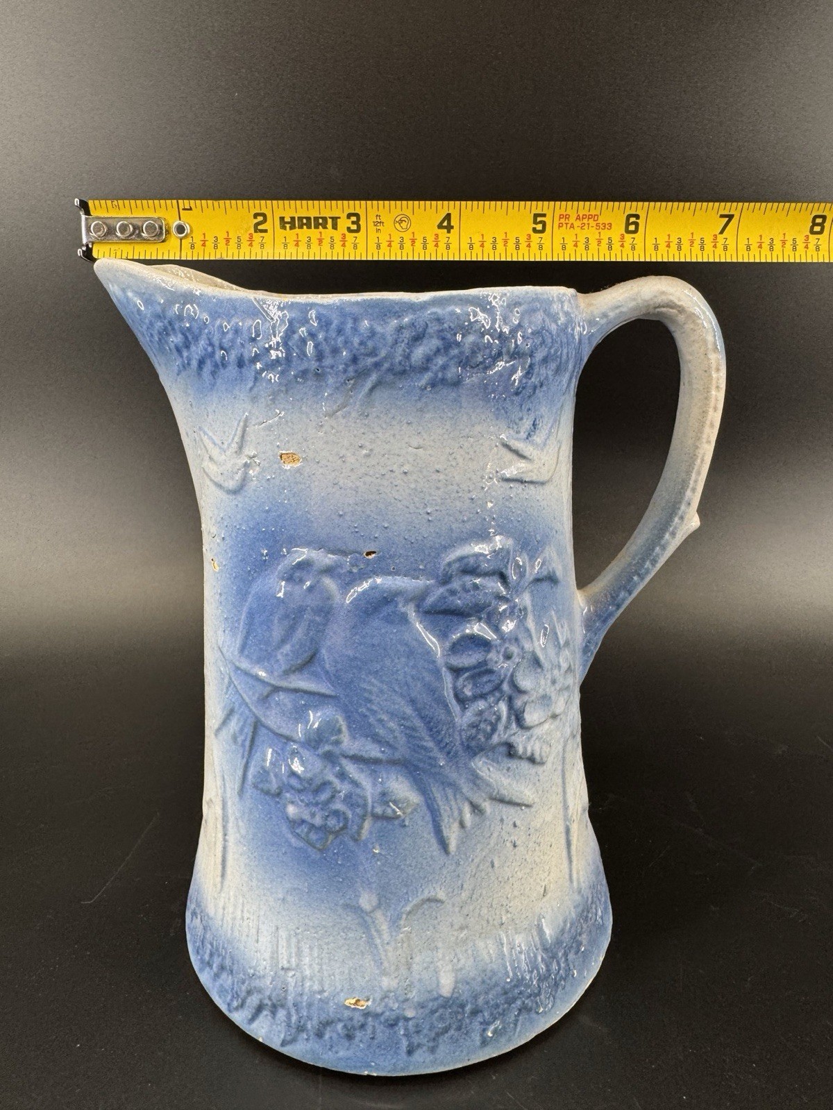 Antique Salt Glazed Blue White Stoneware Pitcher Embossed Birds