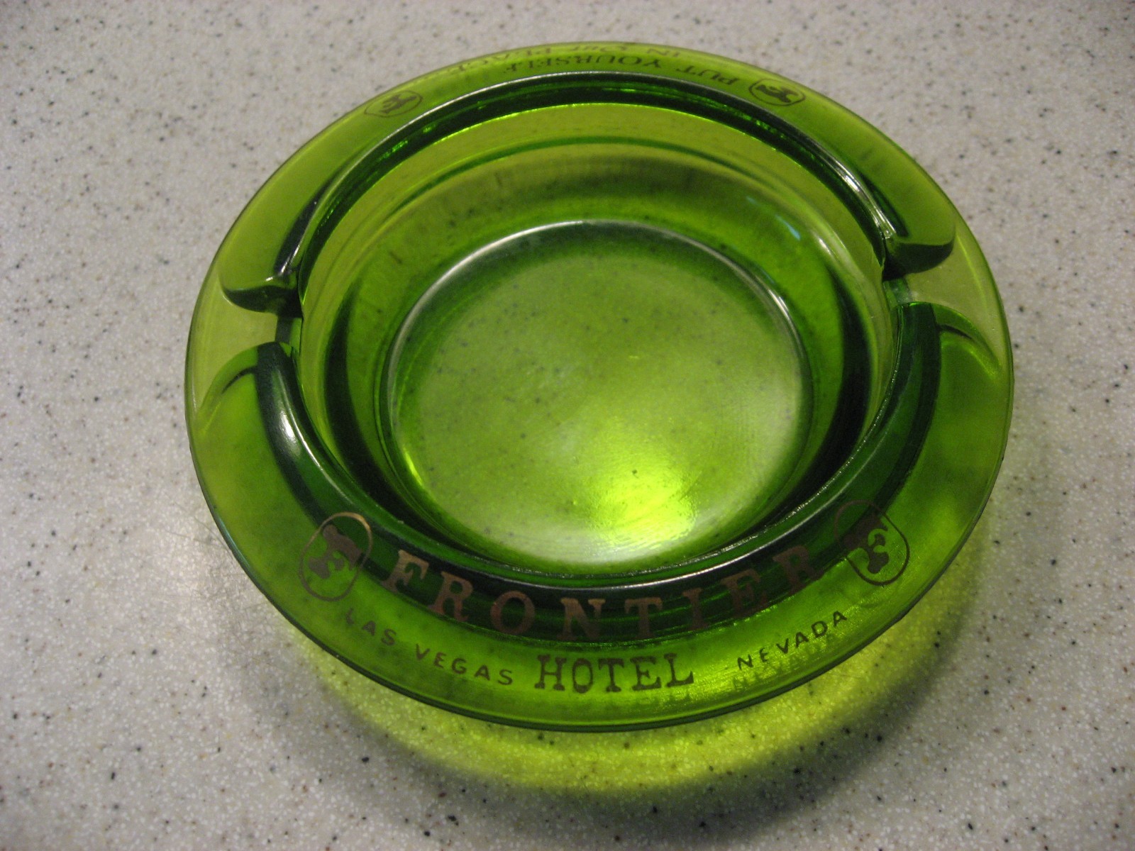 Vintage Frontier Hotel Las Vegas Nevada Green Glass Ashtray w/Gold Letters