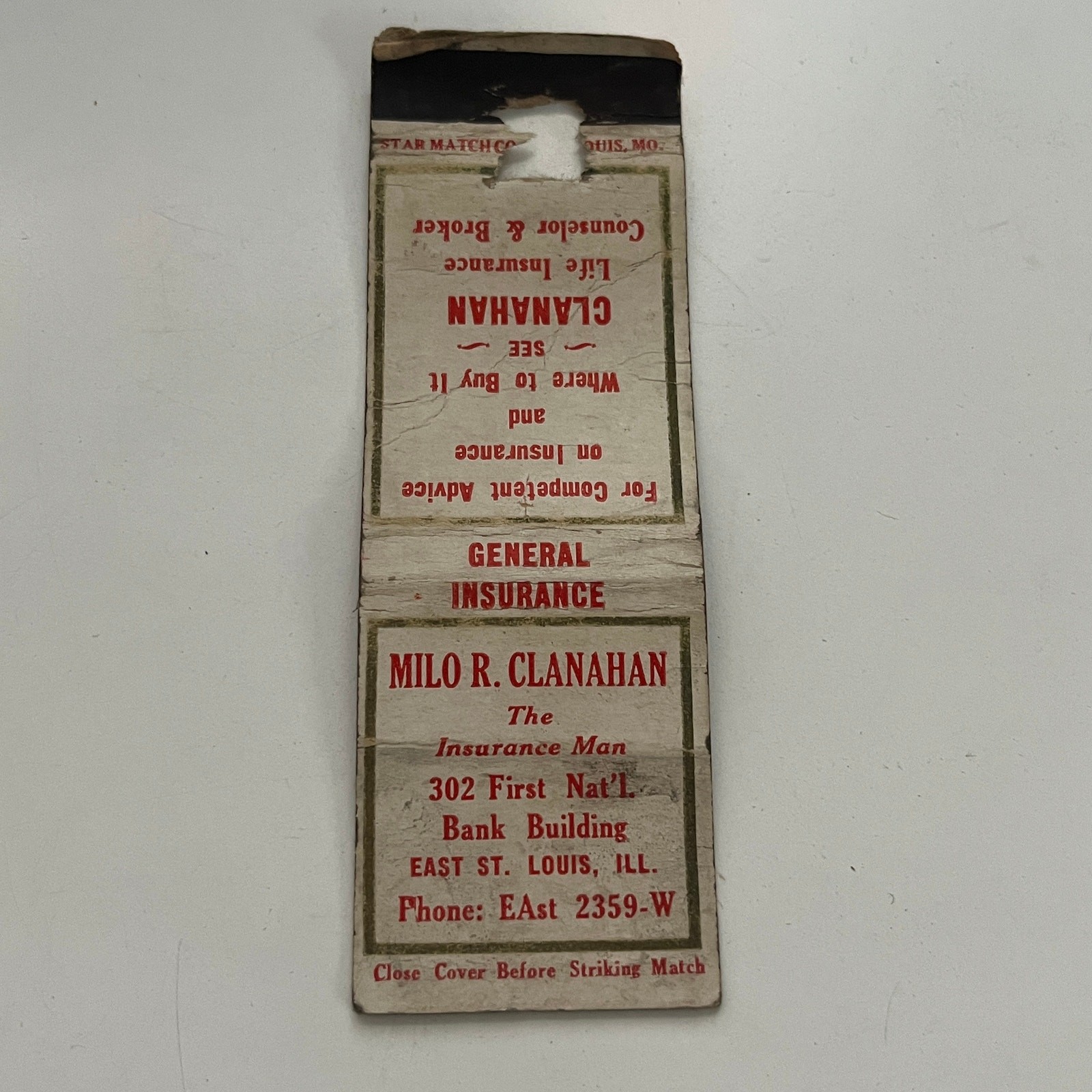 Milo R Canahan The Insurance Man East St Louis MO Vintage Matchbook Cover SMB9-2
