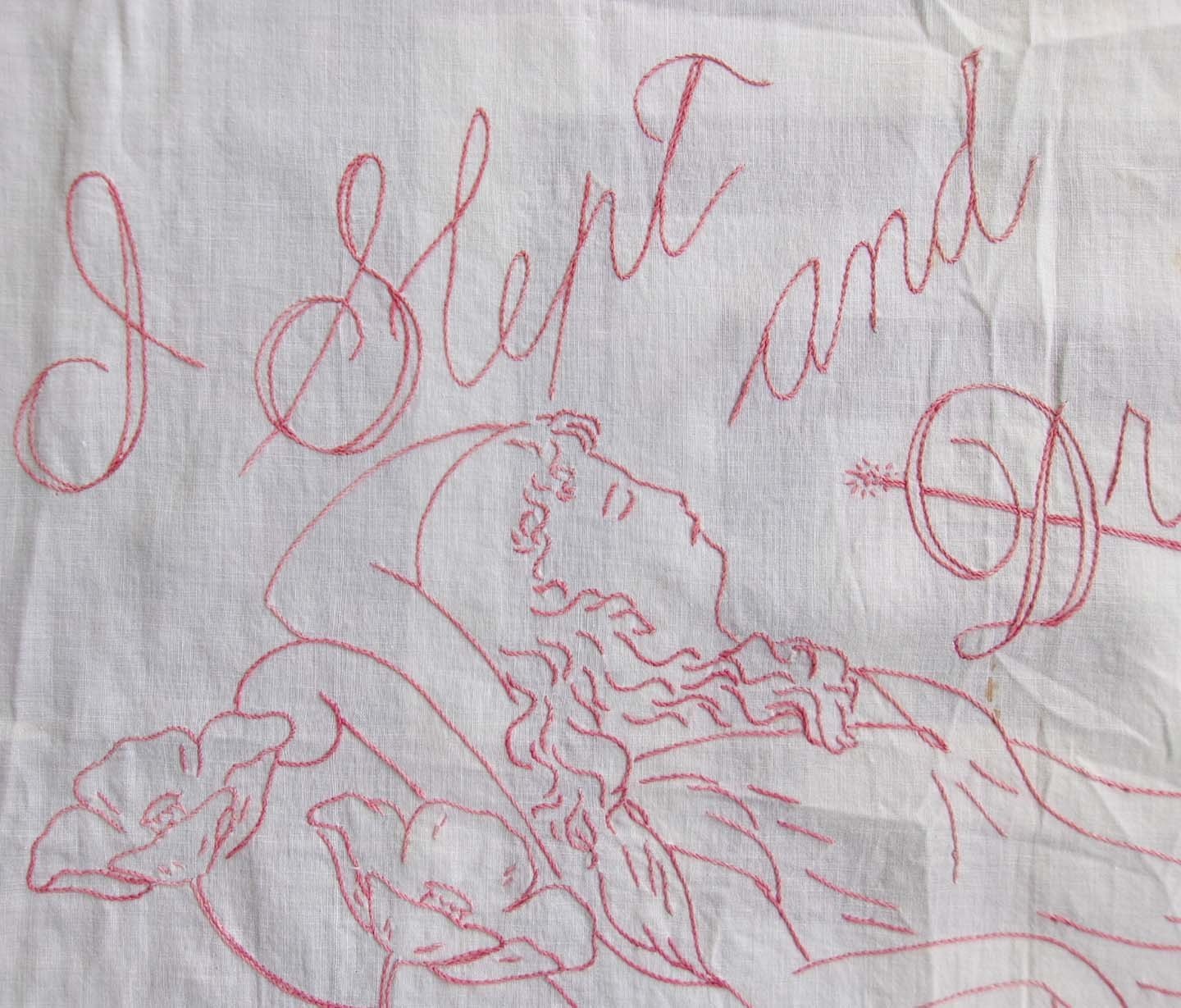 1897 Victorian REDWORK EMBROIDERY Linen Bed Pillow Cover Sleeping Beauty