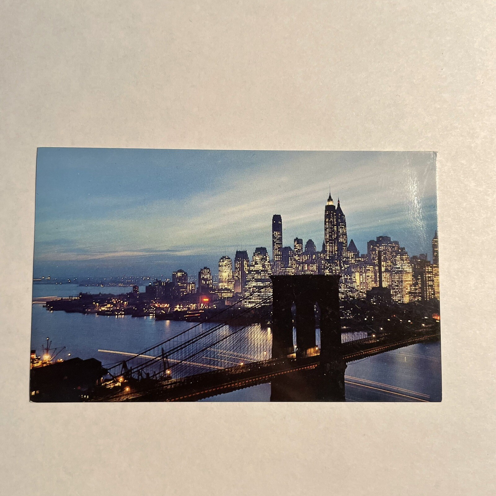Night Falls Midtown Manhattan Brookyln Bridge Vintage Postcard View Sunset