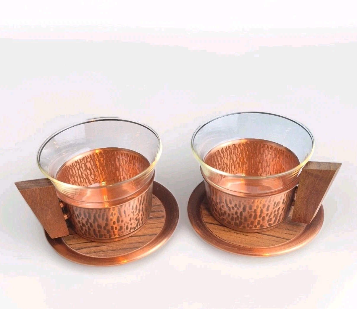 Vtg MCM JENAER GLAS Schott Mainz Copper Tea Cups Set Zebrawood Handles