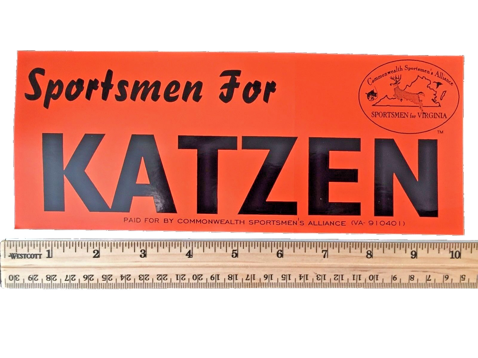 Sportsmen For KATZEN Political Bumper Sticker Car Decal Orange Sports Election