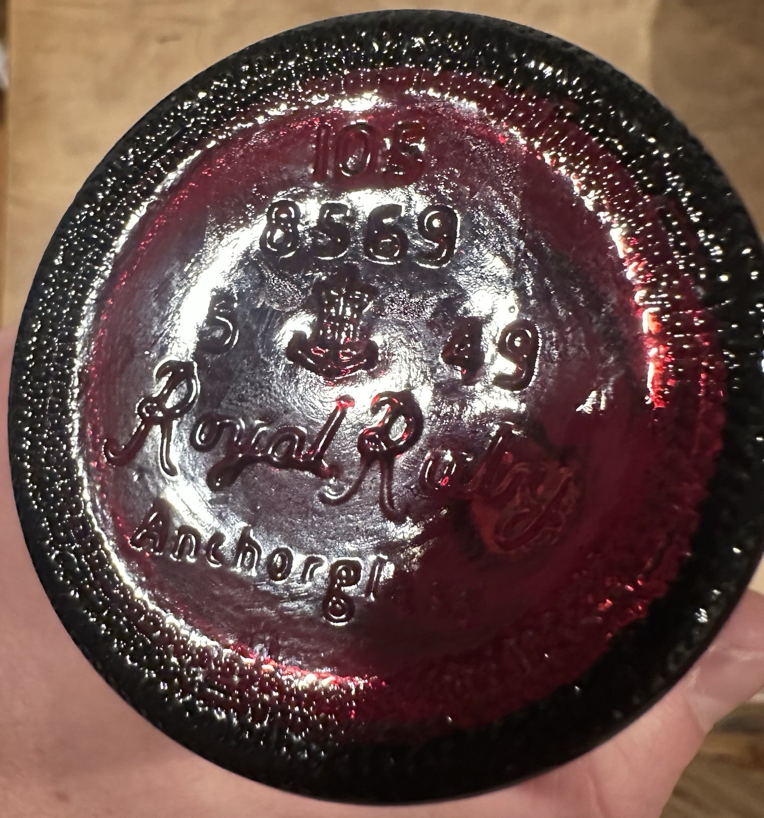 1949 Anchor Hocking Royal Ruby Schlitz Beer Bottle 9.5” #8569 Experimental