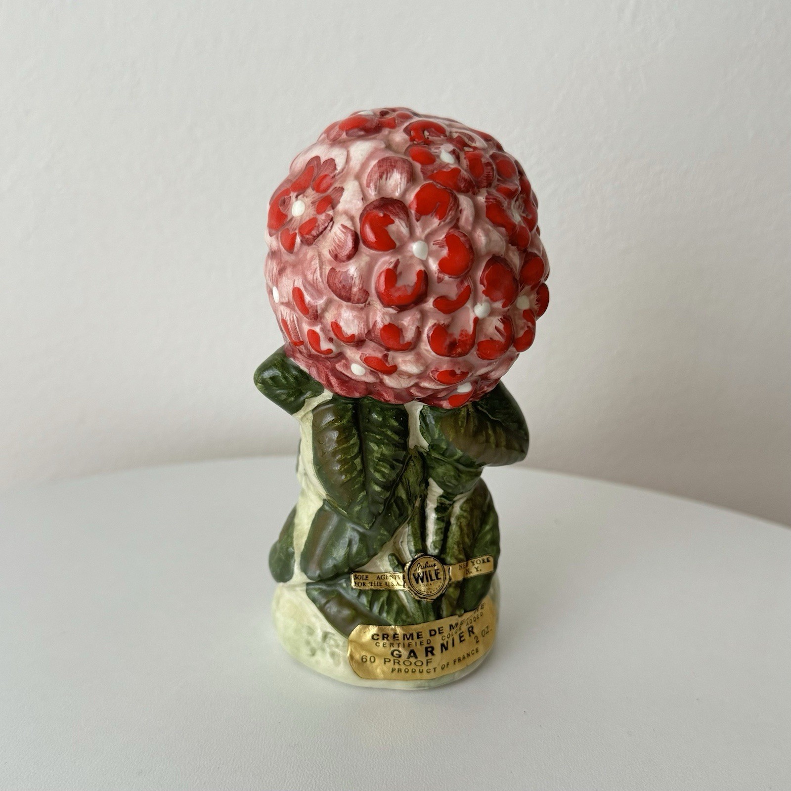 Vintage Garnier Creme de Menthe Hydrangea Flower Figural Ceramic Decanter Italy