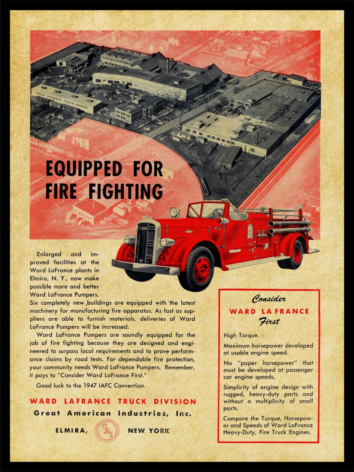 1947 Ward LaFrance Fire Trucks NEW Metal Sign 24\