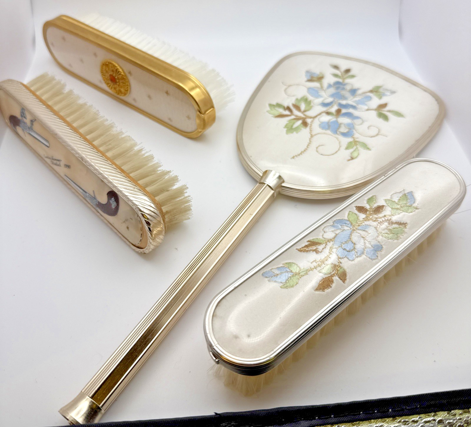 Vintage Delina 4 Piece Dressing Table Vanity Set Boxed Enamel Floral Brushes