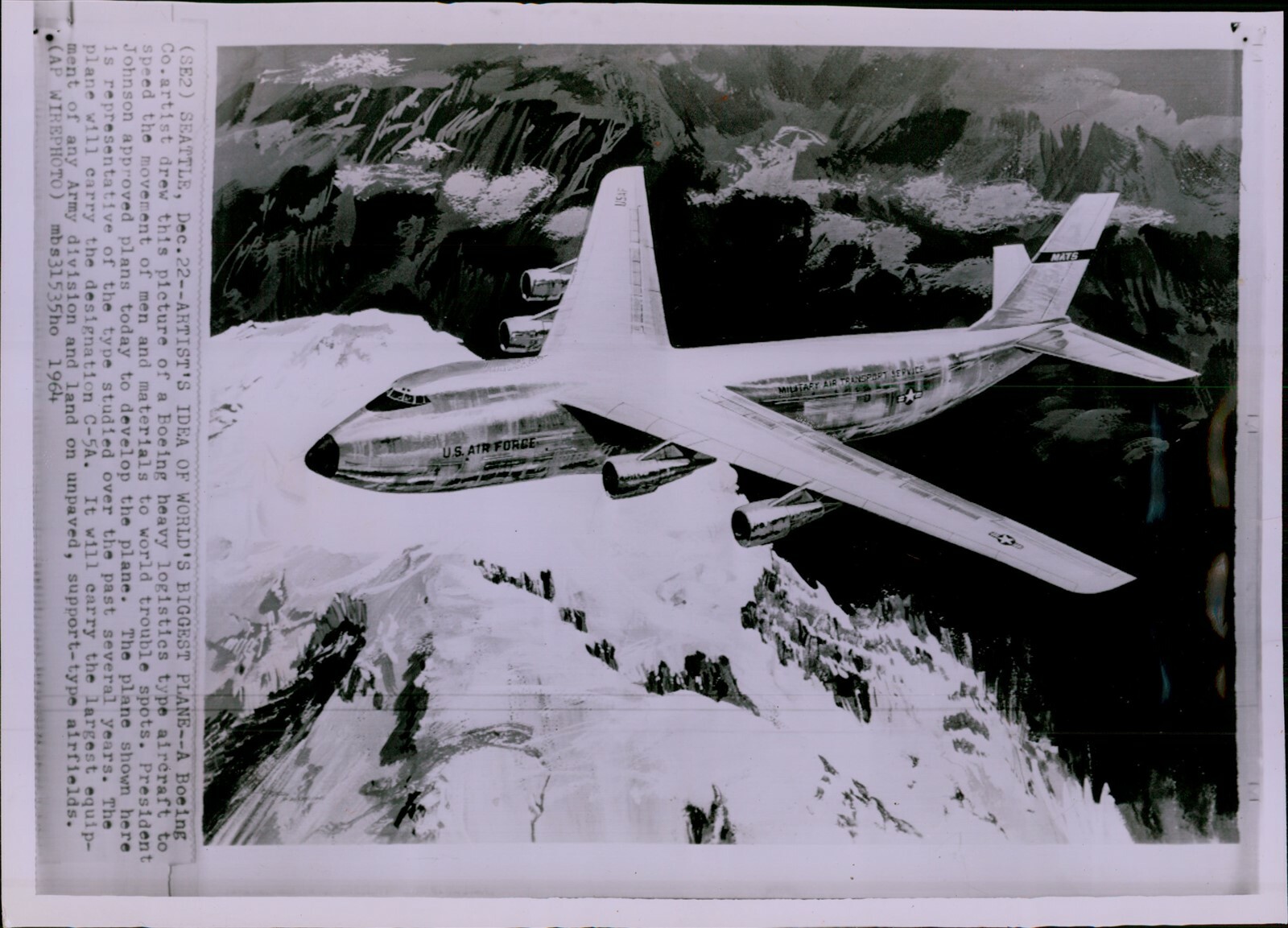 LG867 1964 Wire Photo ARTIST'S IDEA OF WORLD'S BIGGEST PLANE Boeing Aircraft LG867 1964 Wire Photo ARTIST'S IDEA OF WORLD'S BIGGEST PLANE Boeing Aircraft