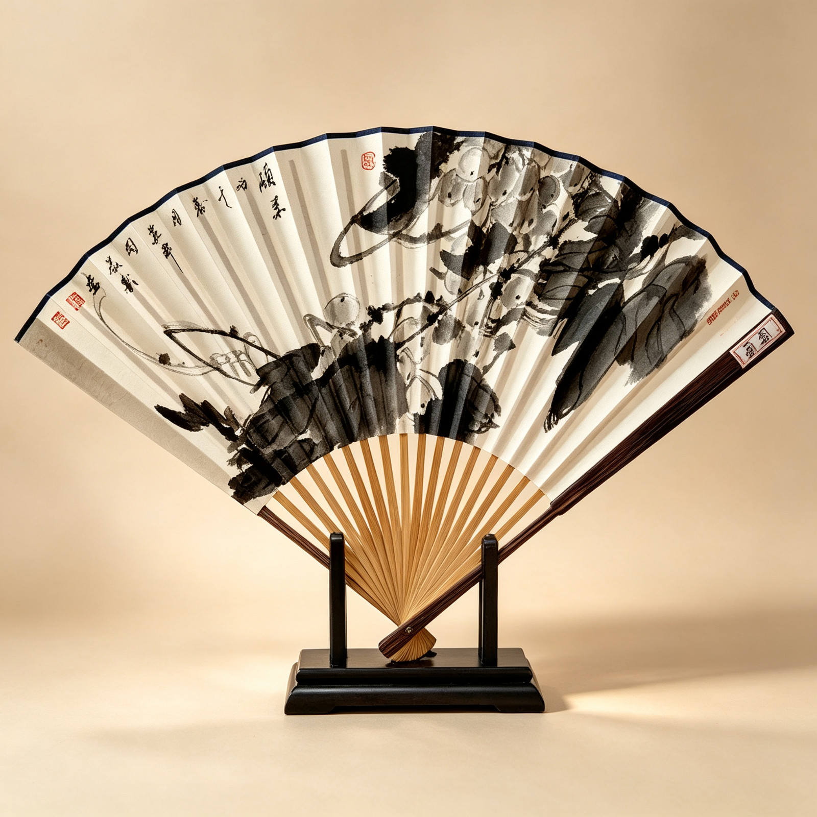 Brand New Hand-Painted Chinese Grape Folding Fan by Artist Zhou Xiaoying