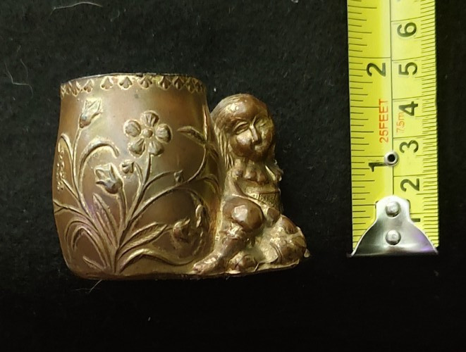 Vintage Victorian Iron Metal Sitting Girl Toothpick/Match Holder Gold Finish