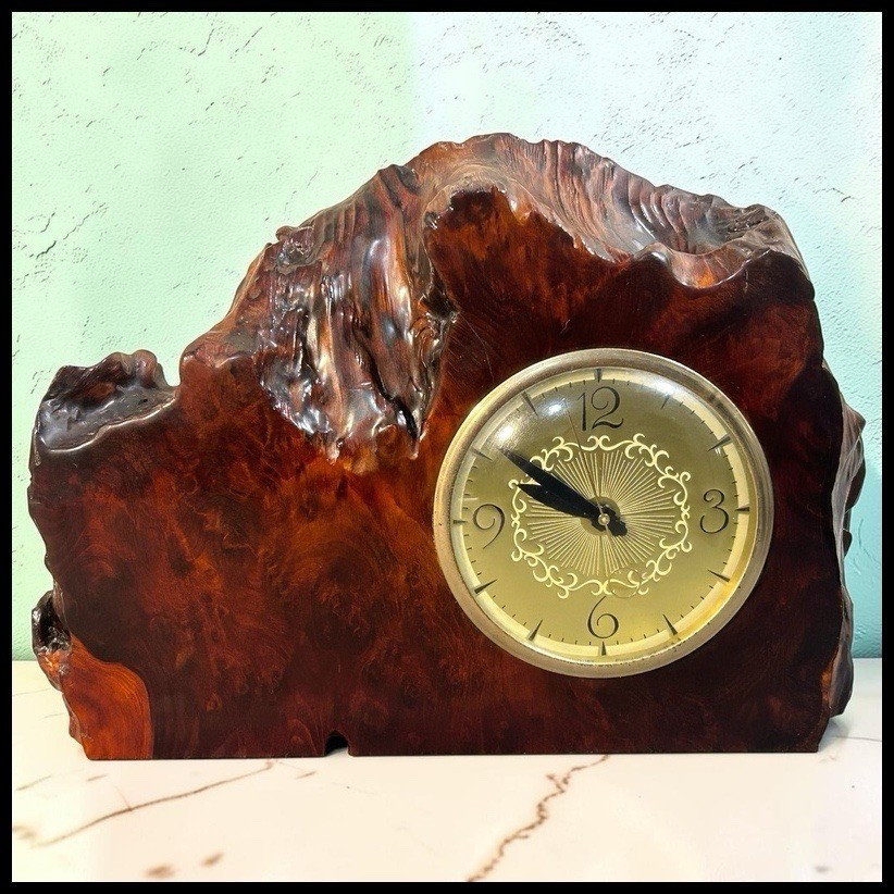 Vintage 1950s Lanshire Burl Wood Slab Live Edge Mantel Clock MCM Electric Decor Vintage 1950s Lanshire Burl Wood Slab Live Edge Mantel Clock MCM Electric Decor