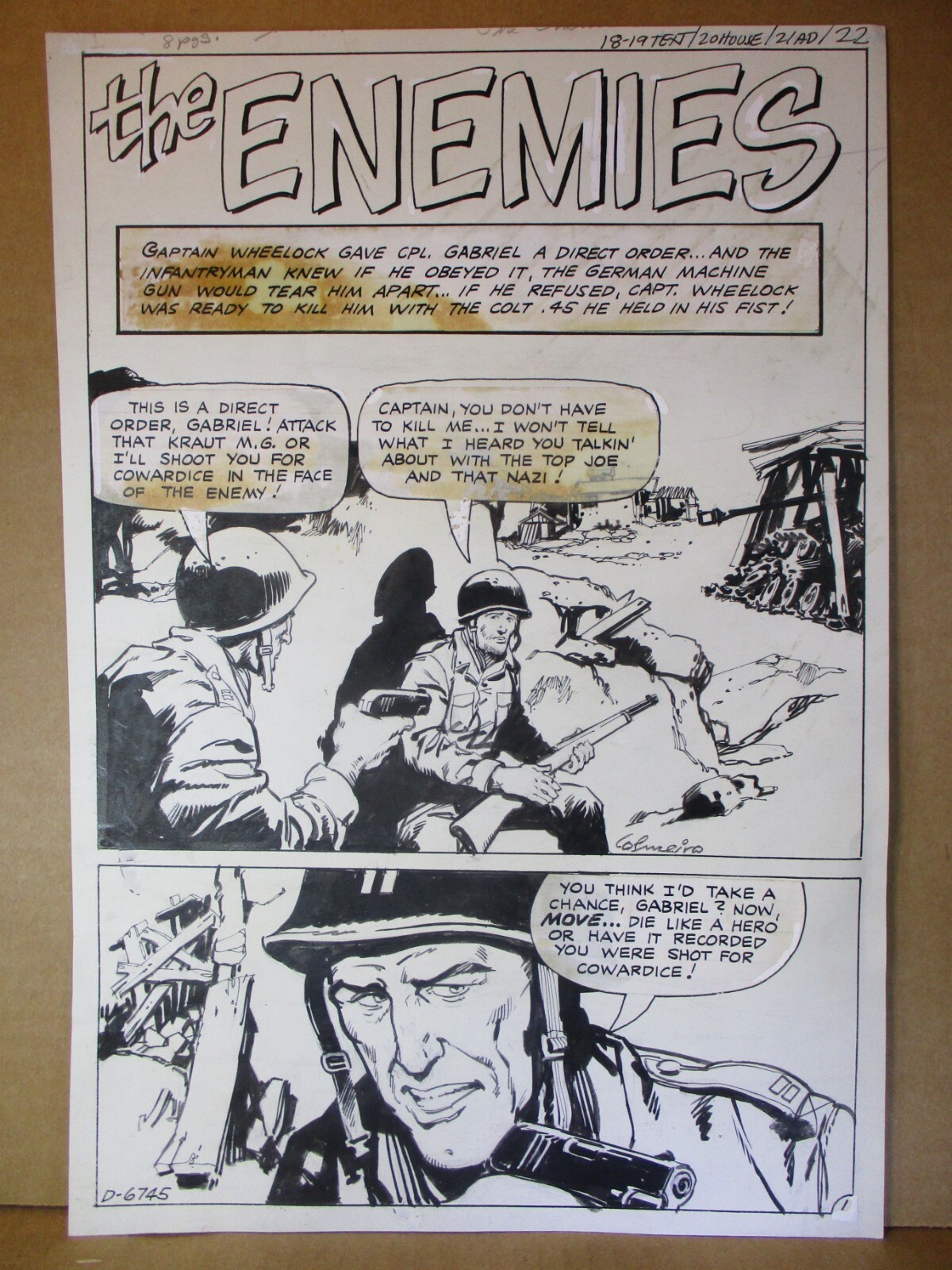 Fightin\' Army 123 ORIGINAL TITLE PAGE Anthony Colmeiro Enemies Pen &Ink Art 1975