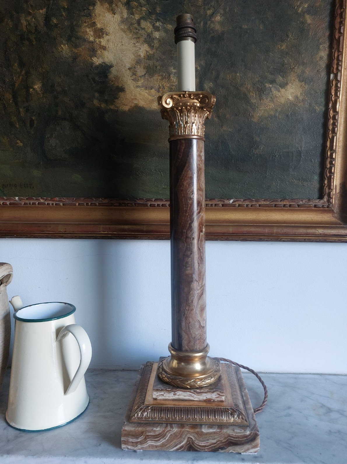 Stunning Early 20th Century French Empire Alabaster and Gilt Columnar Table Lamp
