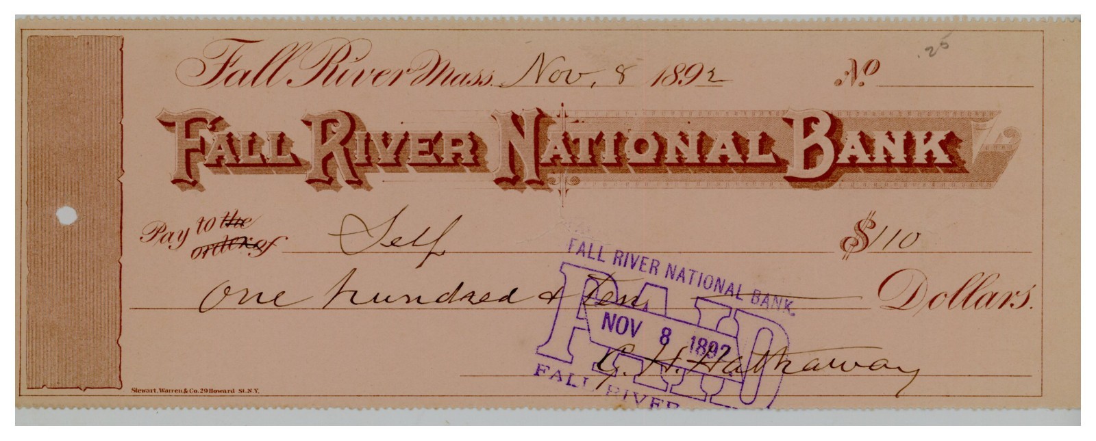 1892 Fall River National Bank Check Signed G.H. Hathaway bold purple bank cancel