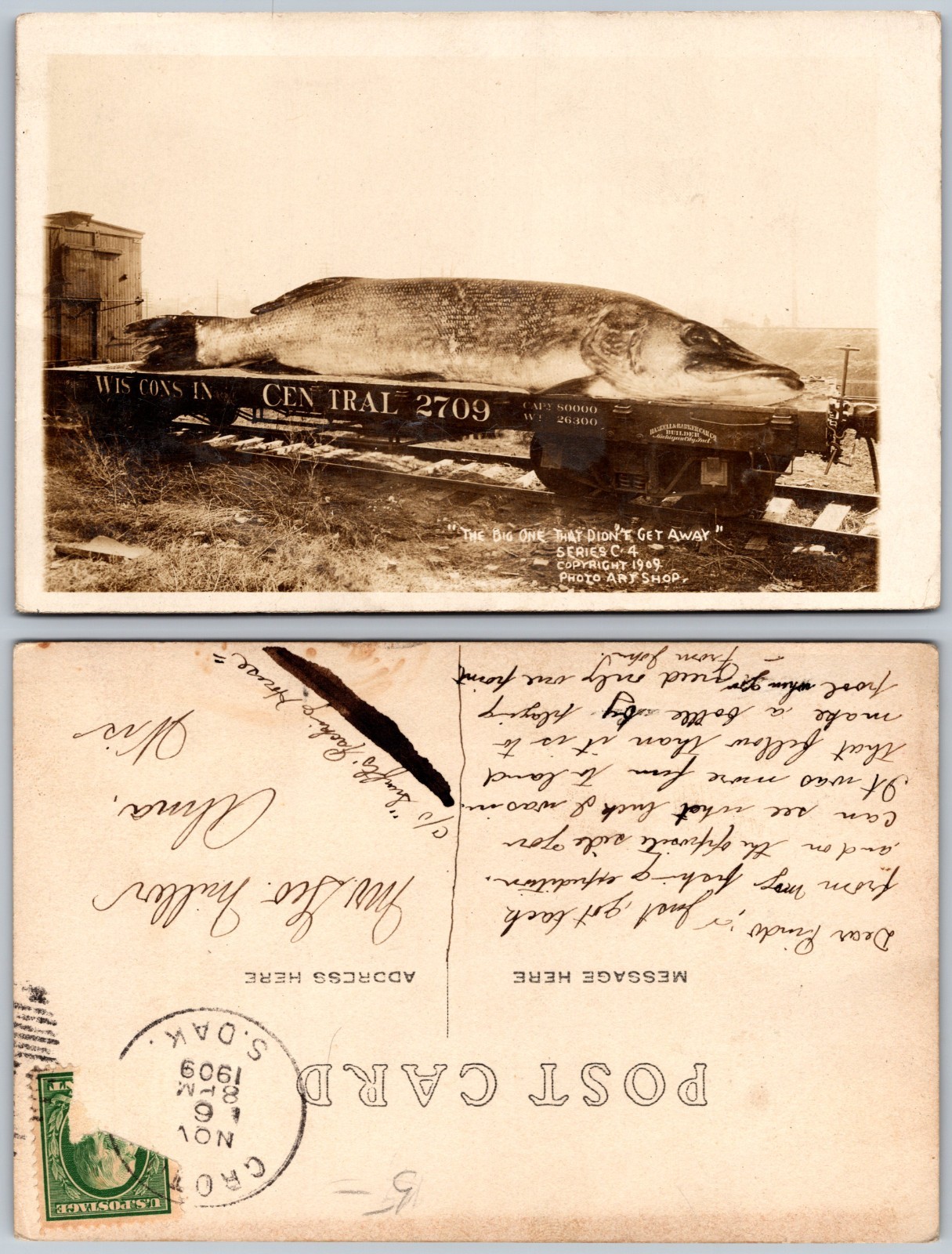 Exaggeration Giant Fish Railcar Postcard