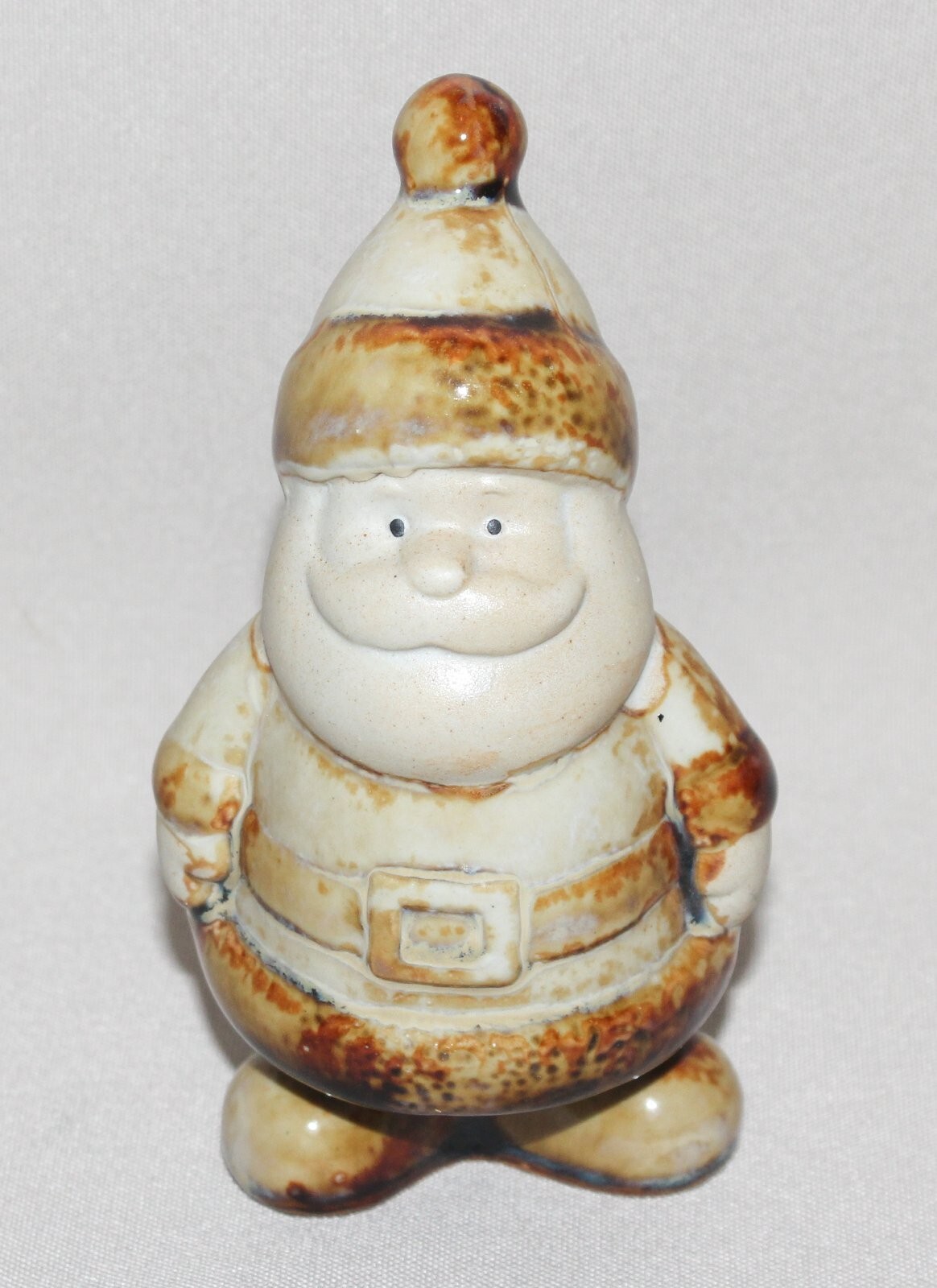 Glazed Pottery Santa Figurine Tan Brown 4 ½” Tall Cute