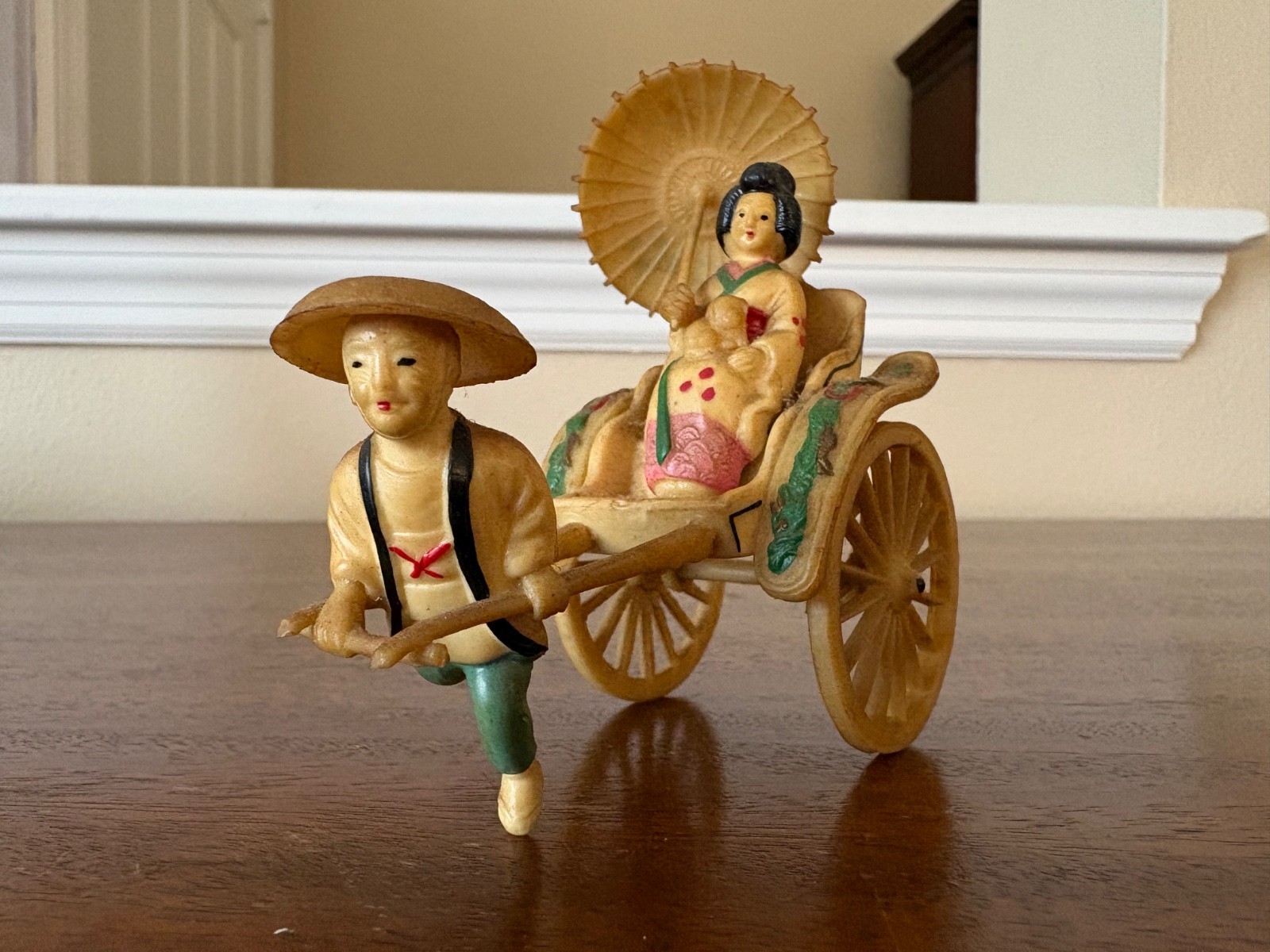 VTG 1940s Celluloid Japanese Rickshaw Man Pulling Geisha & Dog Figurine