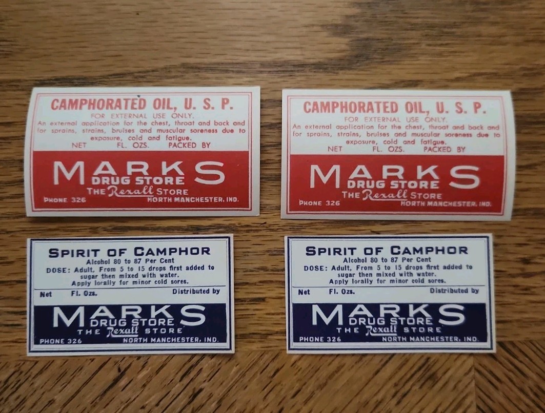 Rjkstamps VINTAGE MARKS PHARMACY DRUG STORE Labels Camphor, Camphorated Oil