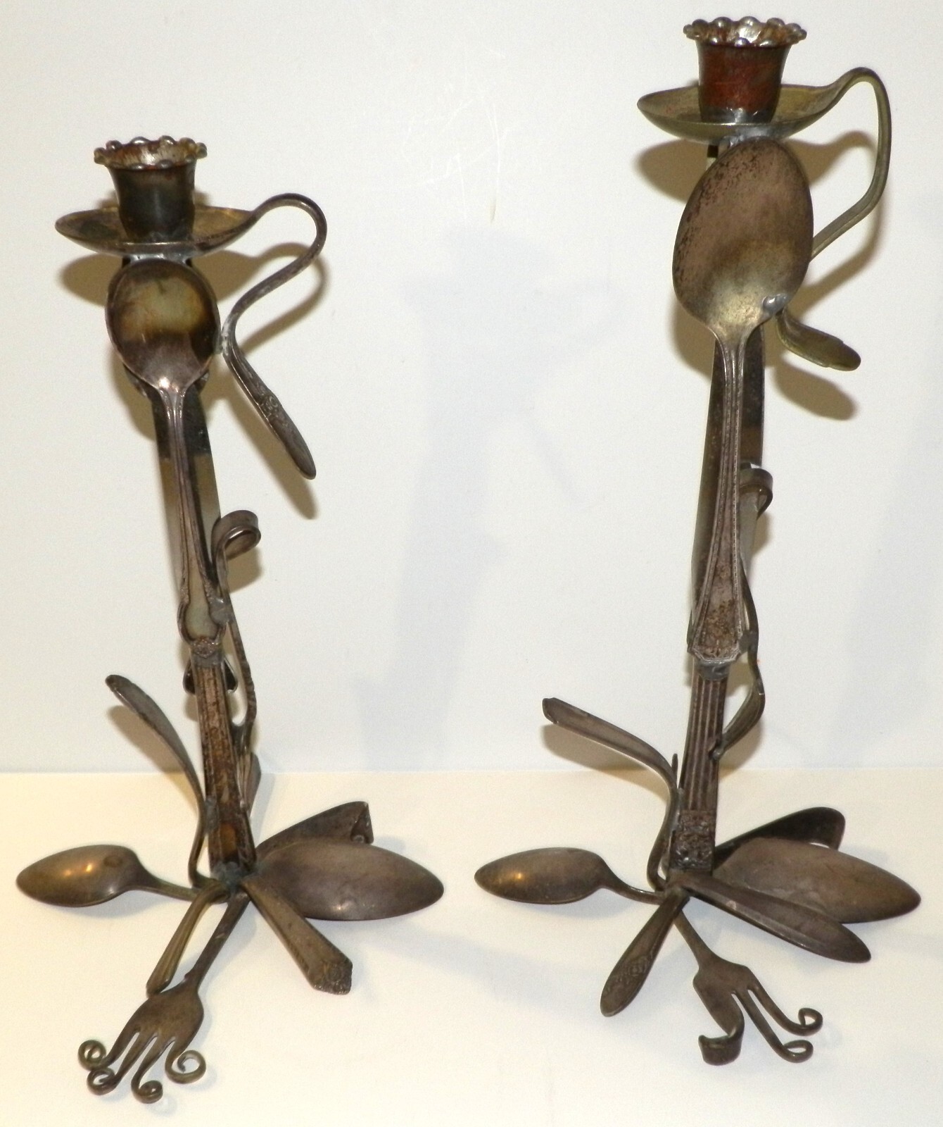 2 Candlestick Holders Soldered Cutlery Silverplated Flatware Handcrafted Art