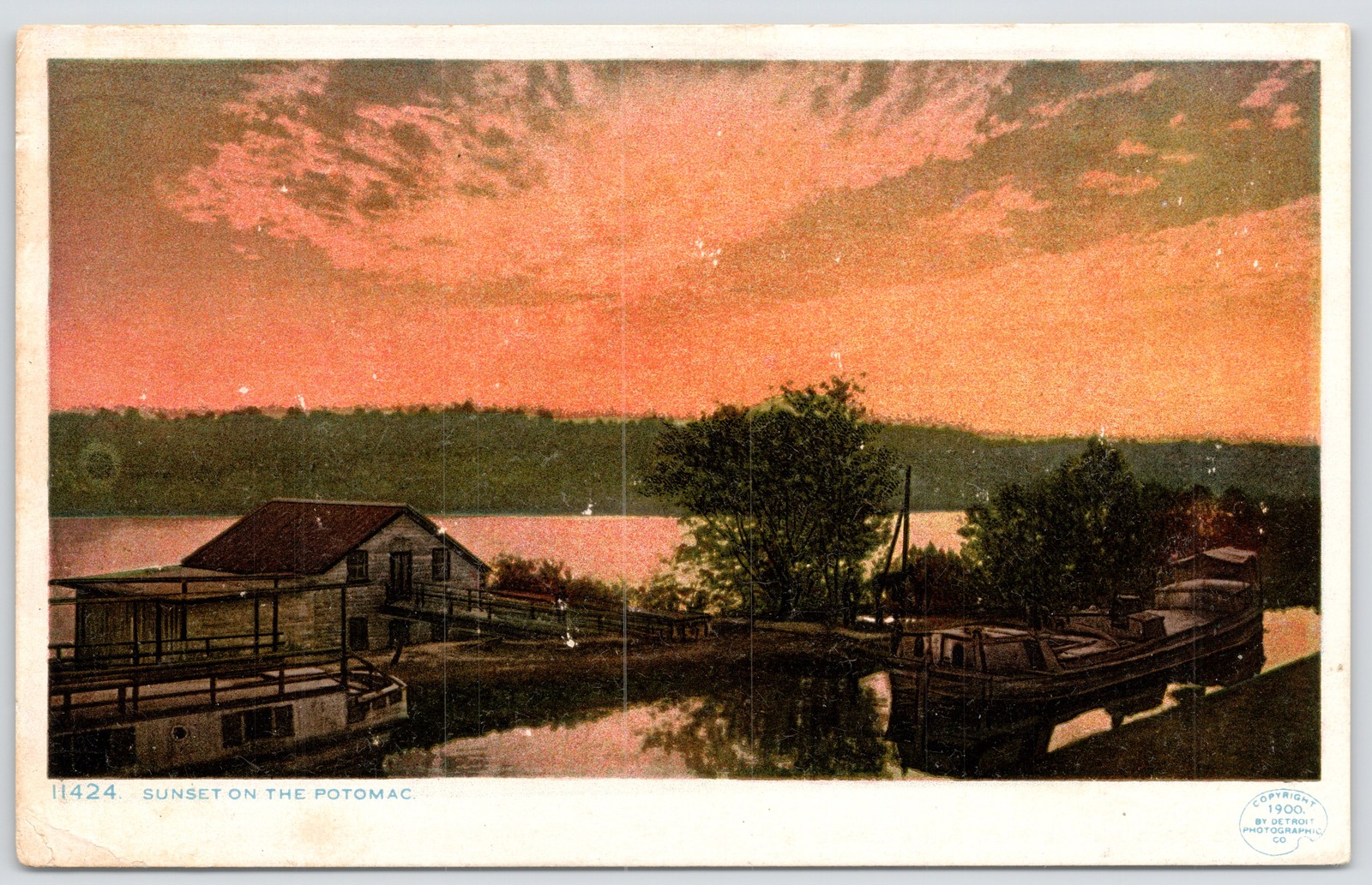 Sunset on the Potomac River Boats Detroit Publishing Posted Postcard