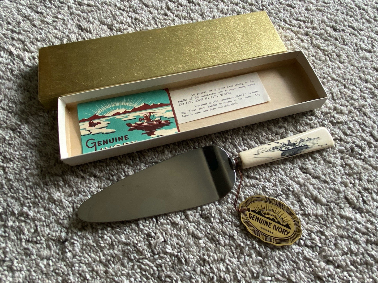 Vtg Native American Bone Scrimshaw Style Cake Knife Canoe Mountain scene 50s MCM
