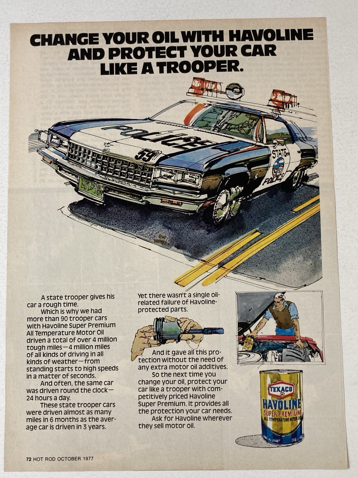 1977 Texaco Havoline Super Premium Motor Oil Print Ad Change Your Oil