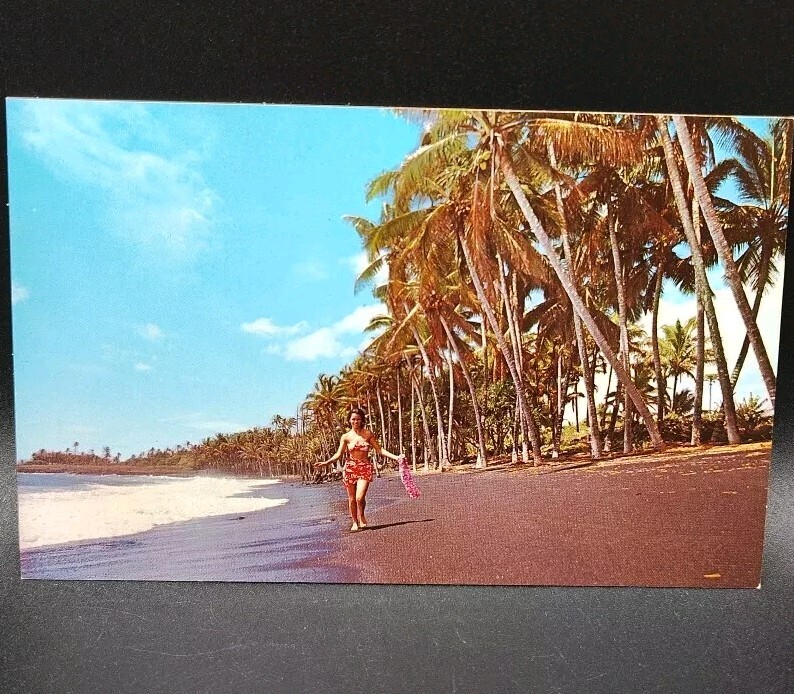 Vintage Postcard Hawaiian Girl On Black Sands Beach Of Kaimu Hawaii