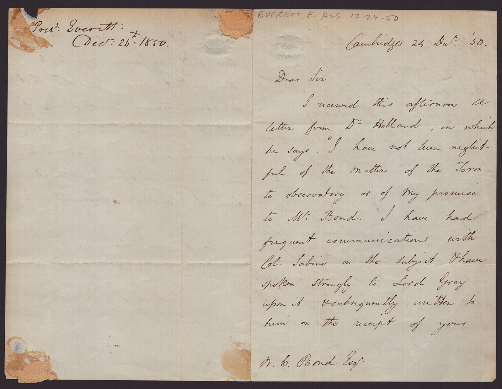 EDWARD EVERETT - AUTOGRAPH LETTER SIGNED 1850