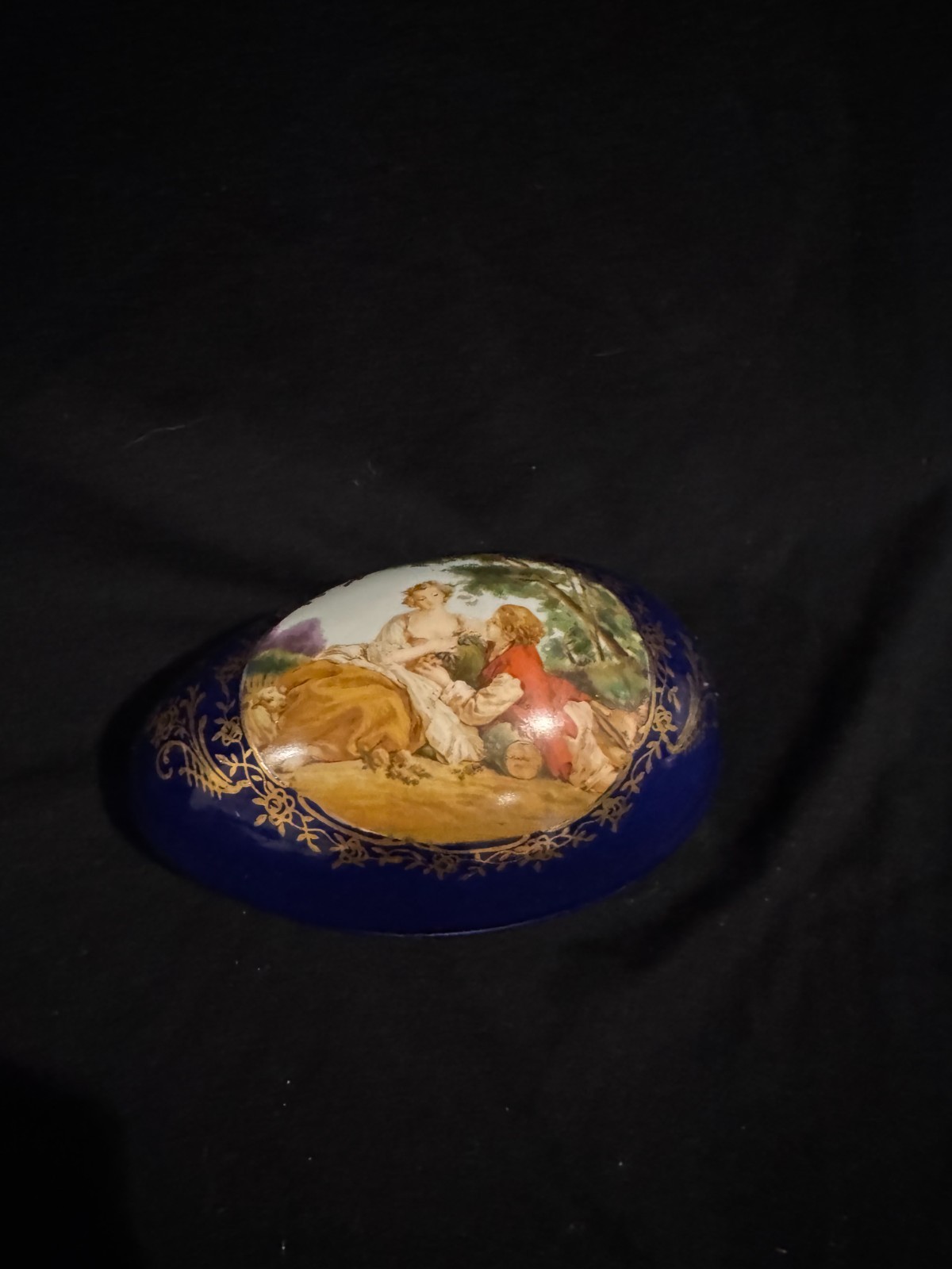 Vintage Cobalt Blue Porcelain Trinket Box Gold Filigree Romantic Pastoral Scene