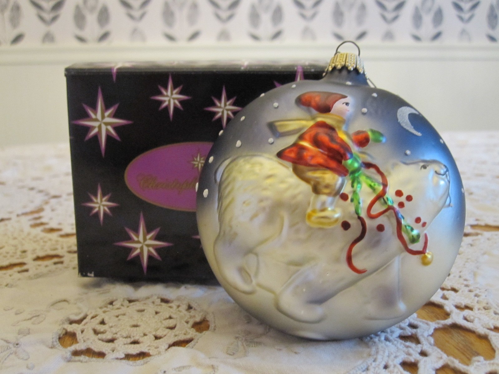 CHRISTOPHER RADKO Vintage Boy Riding a Polar Bear Glass Christmas Ornament