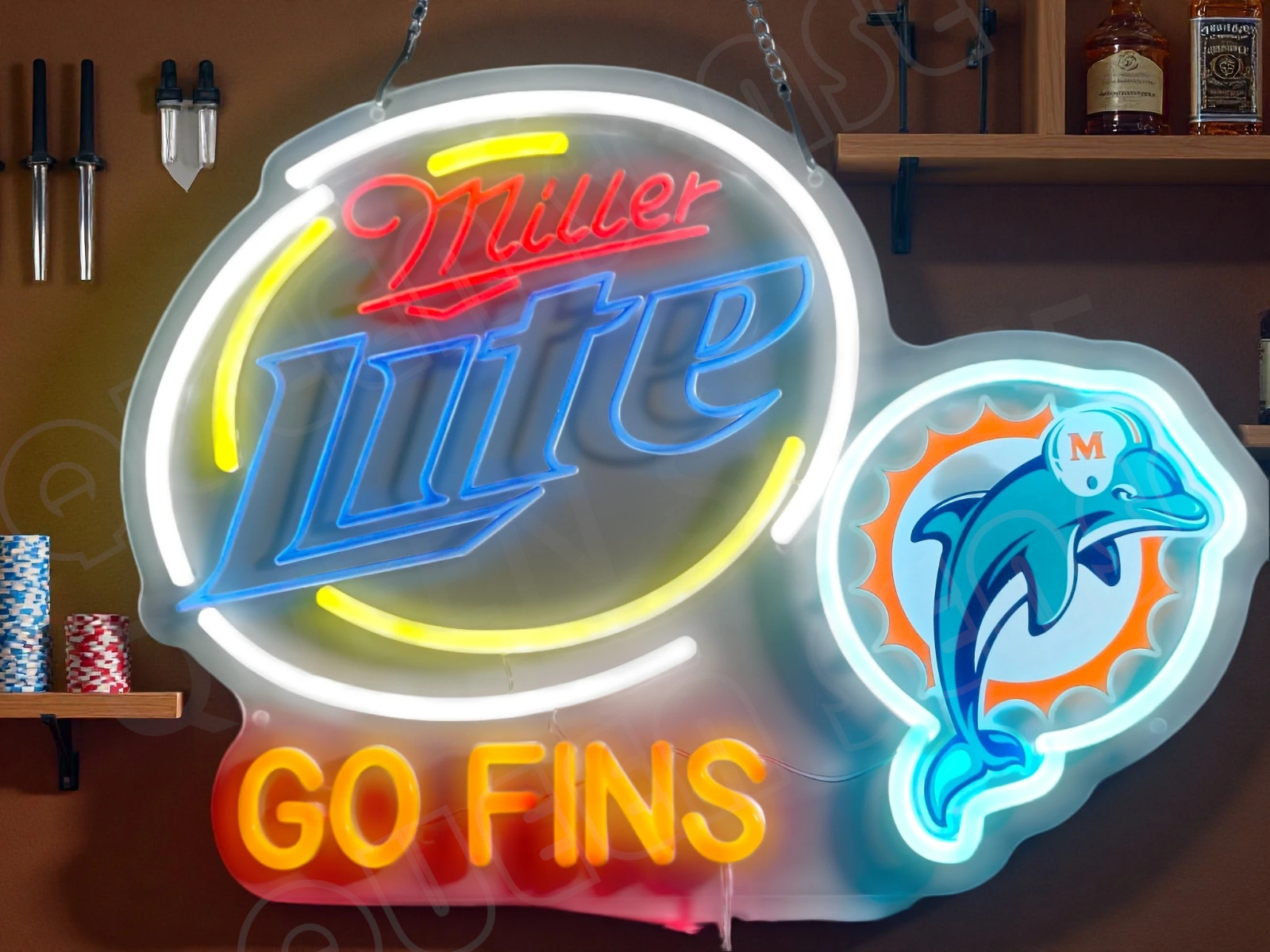 Miller Lite Beer Miami Dolphins Go LED Neon Sign With Dimmer USB Powered Light