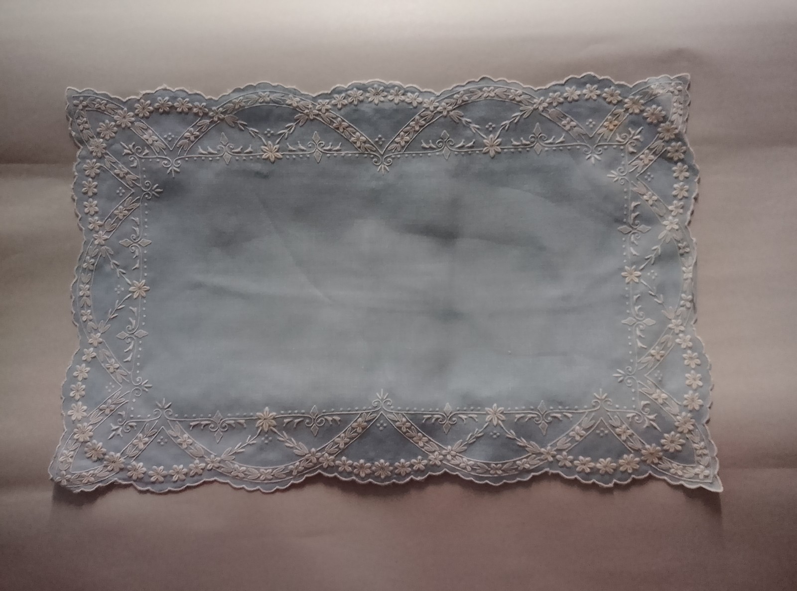 Vintage Hand Embroidered Linen Placemats Sky Blue Organdy Scalloped Set of 8 Vintage Hand Embroidered Linen Placemats Sky Blue Organdy Scalloped Set of 8