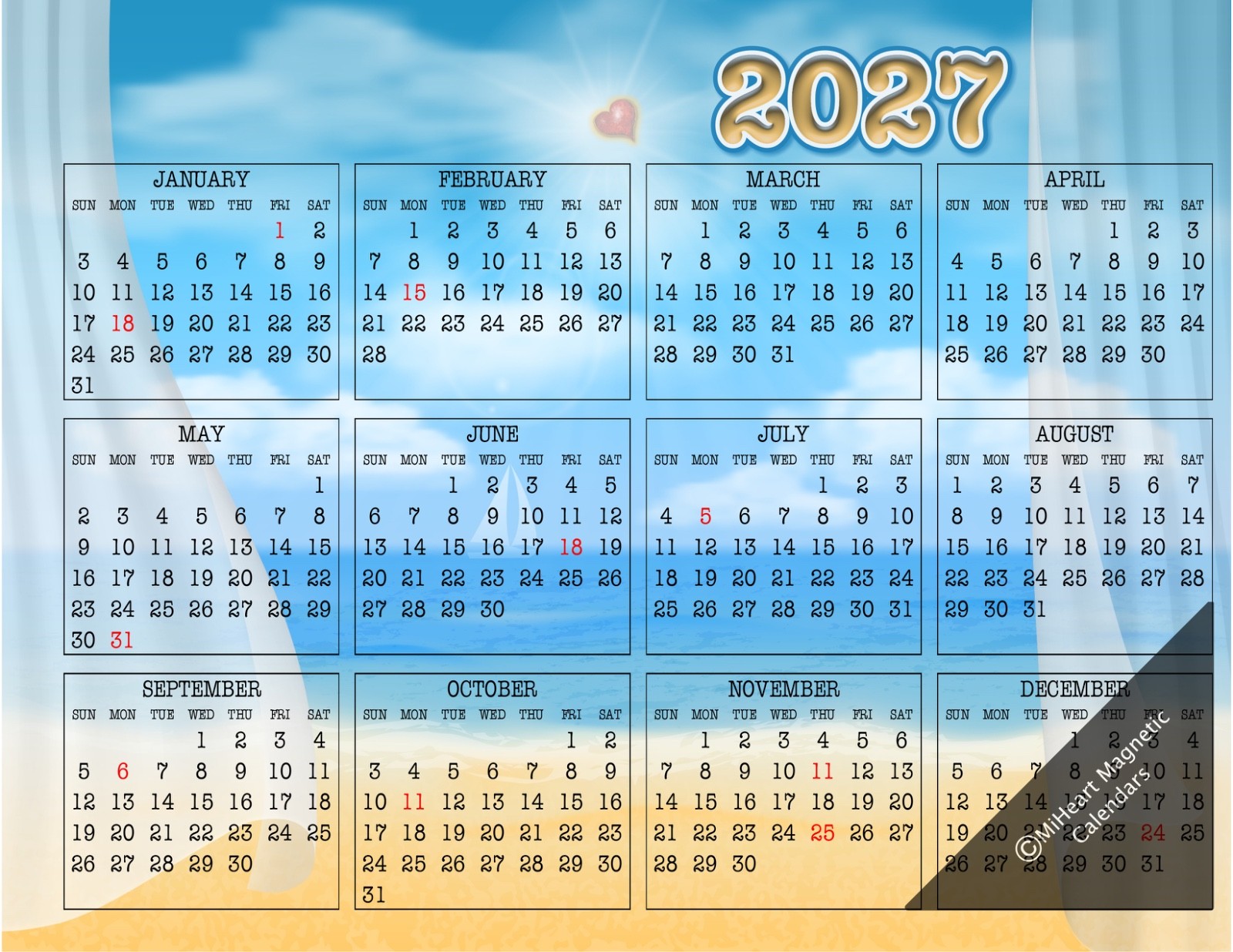 MiHeart 2027 Year Magnetic Refrigerator Calendar 8.5\