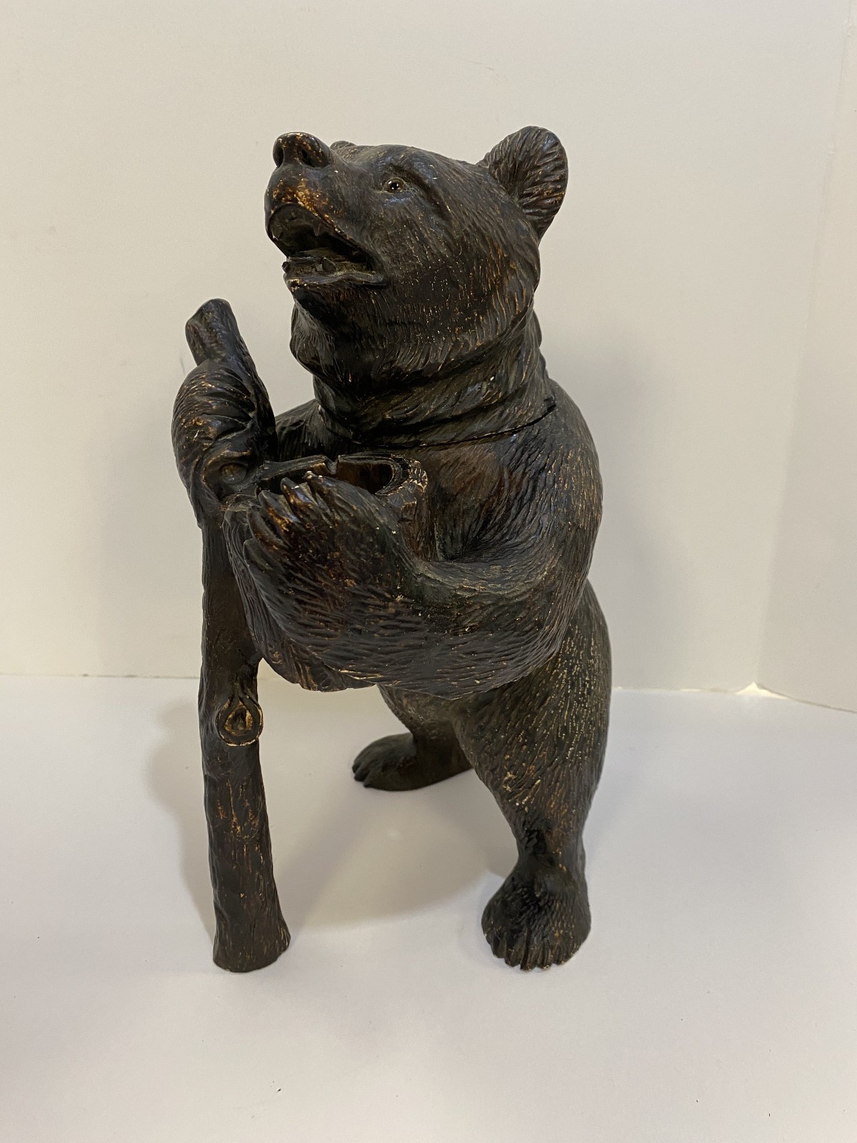 Antique BLACK FOREST BEAR Tobacco Humidor Chalkware W/ Glass Eyes