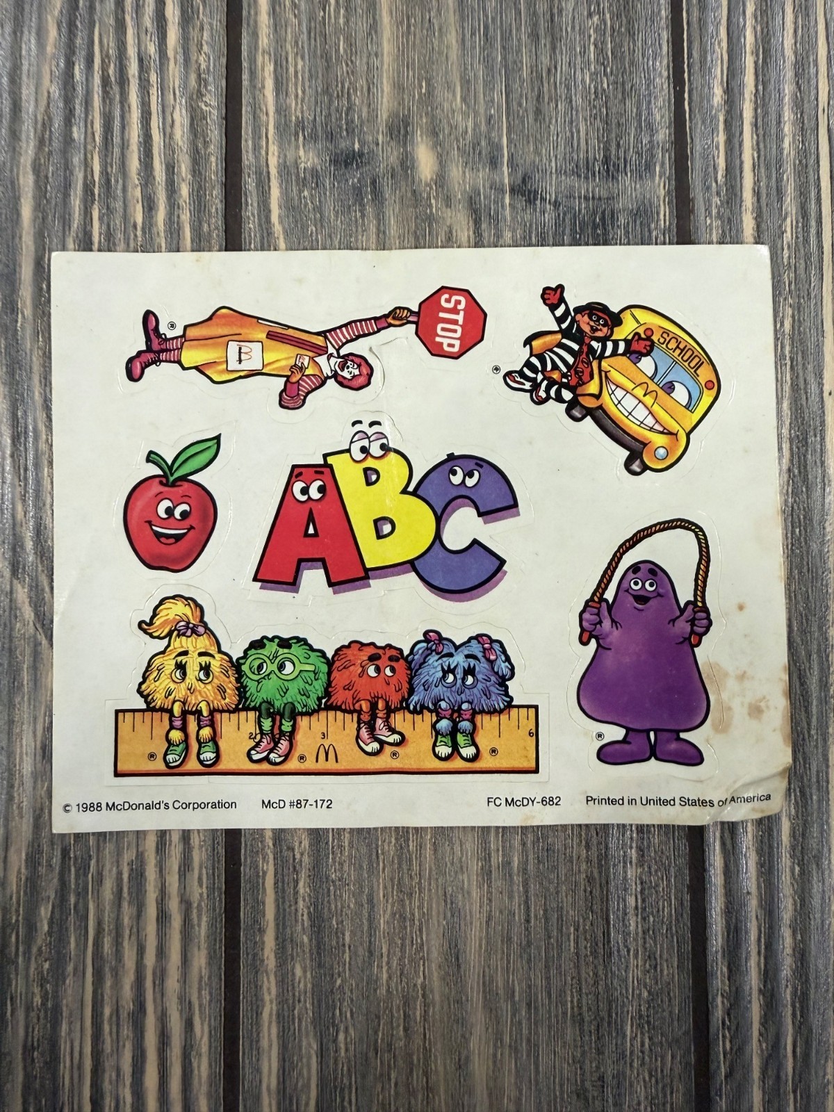 Vintage 1988 Mcdonalds Abc Learning Sticker Collectible Promo