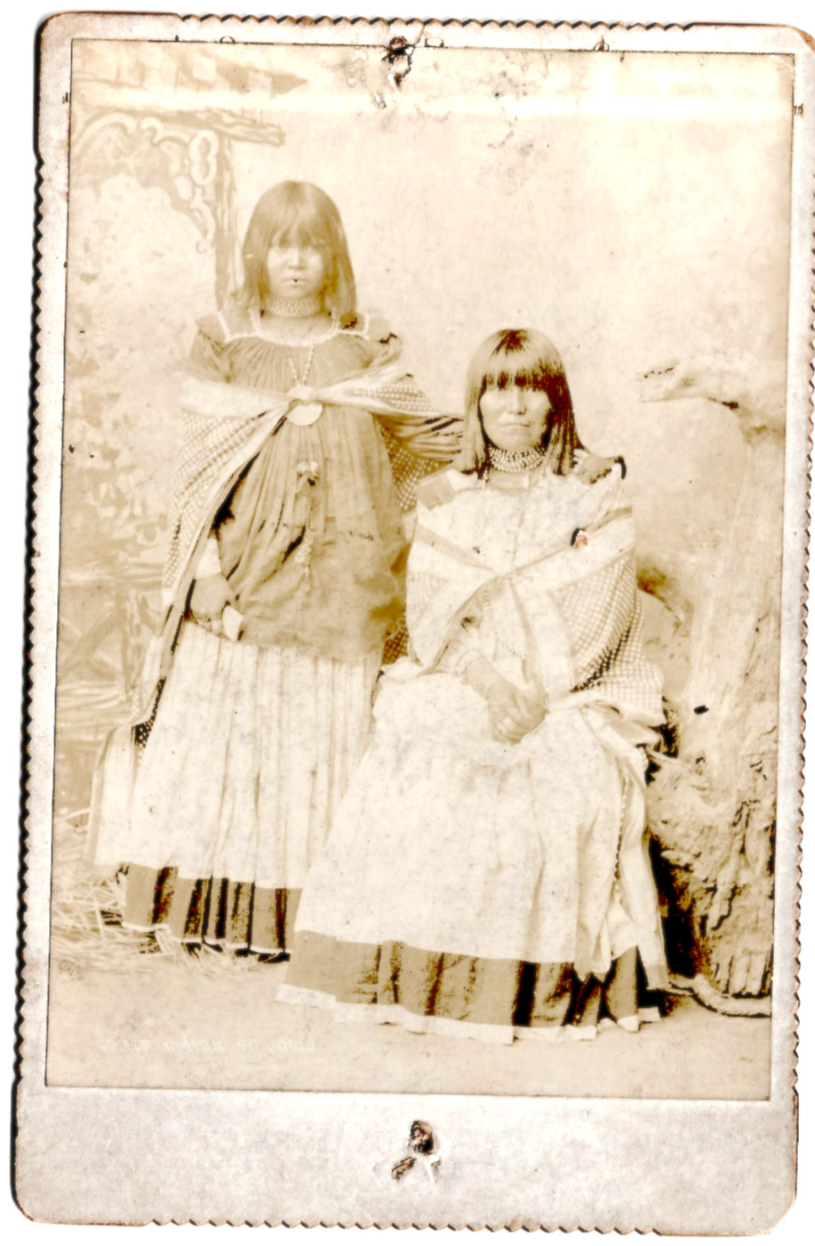 Rare Antique Sepia Cabinet Card of Two Apache Women in Dresses, mounted arizona.