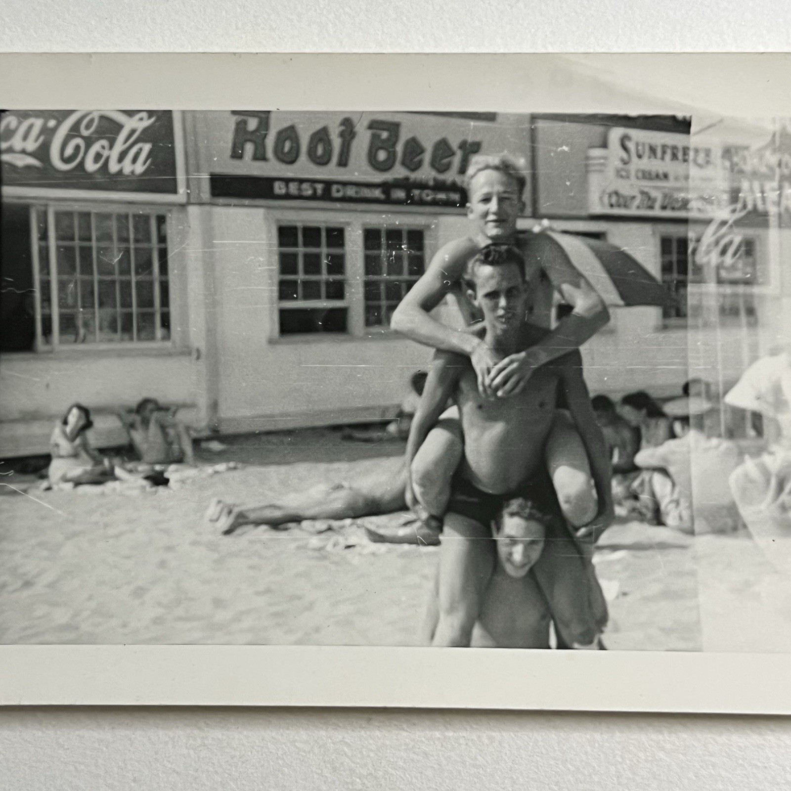 Vintage B&W Snapshot Photograph Handsome Men Shirtless Man Shoulders Coca Cola