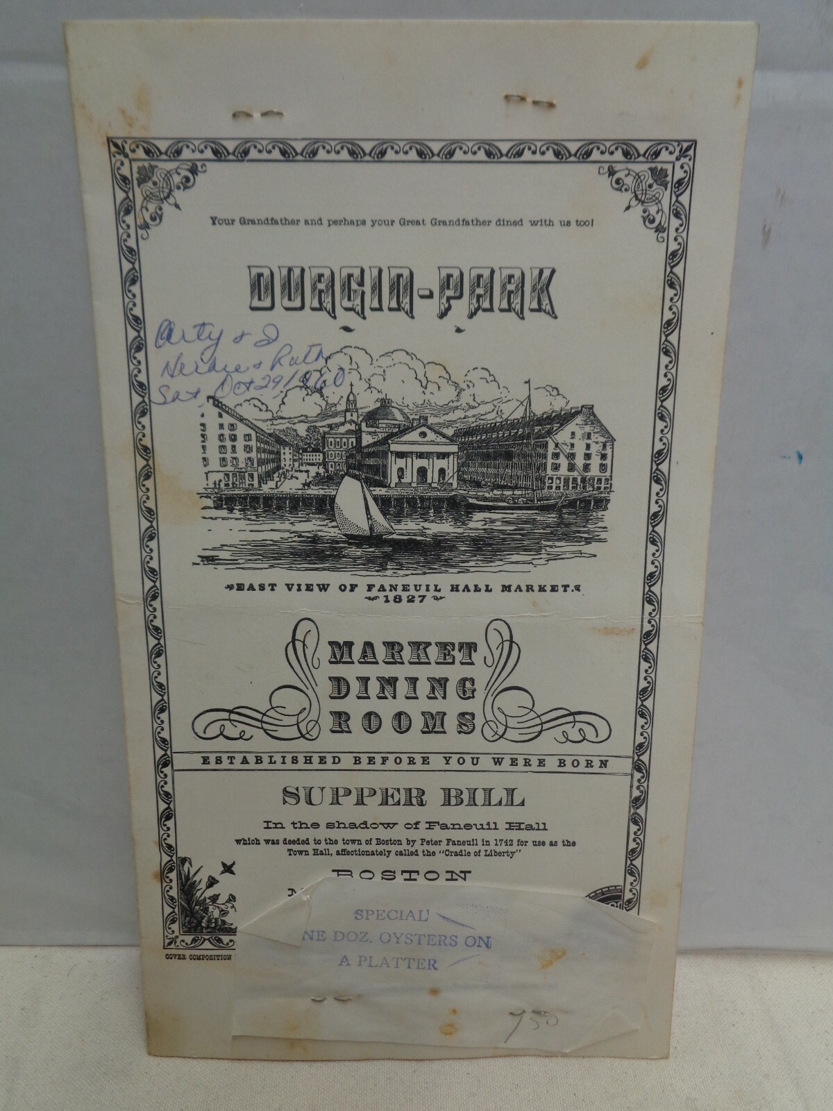 Vintage Historic BOSTON menu Durgin-Park Faneail Hall 1950 1959 w/ mailer Mass. 