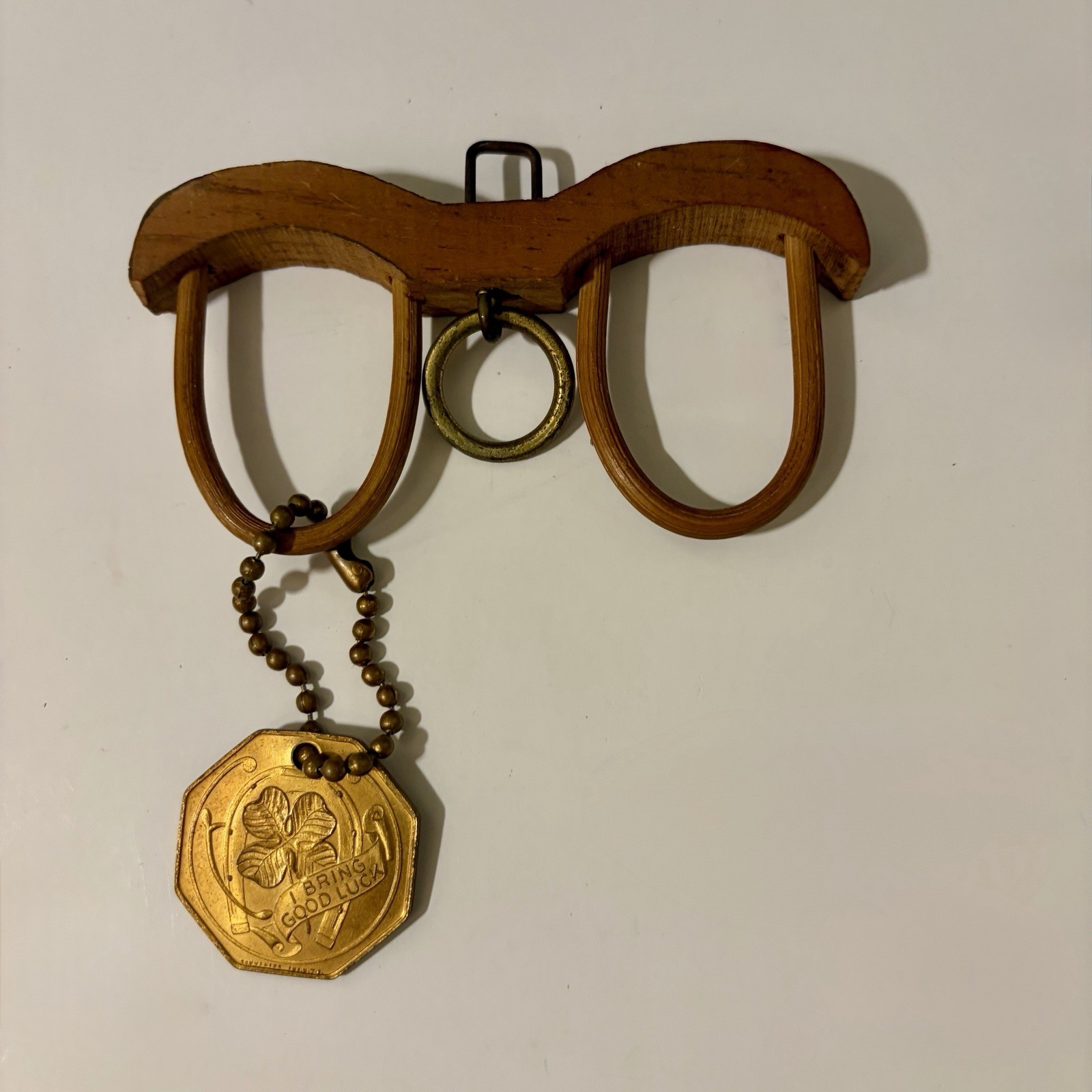 Vintage Miniature Ox Yoke Wooden Key Holder With Brass Good Luck Token Charm