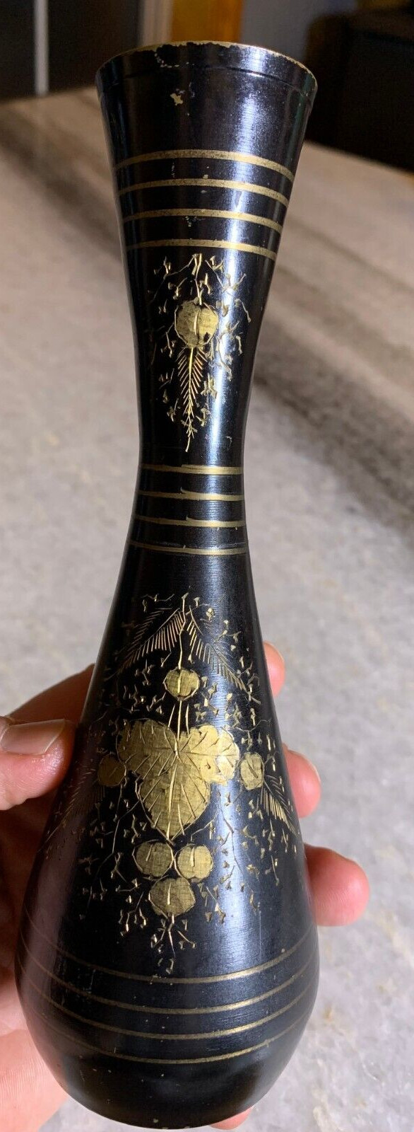 Antique Victorian Brass Black Gothic Macabre Etched Carved Funeral Mourning Vase