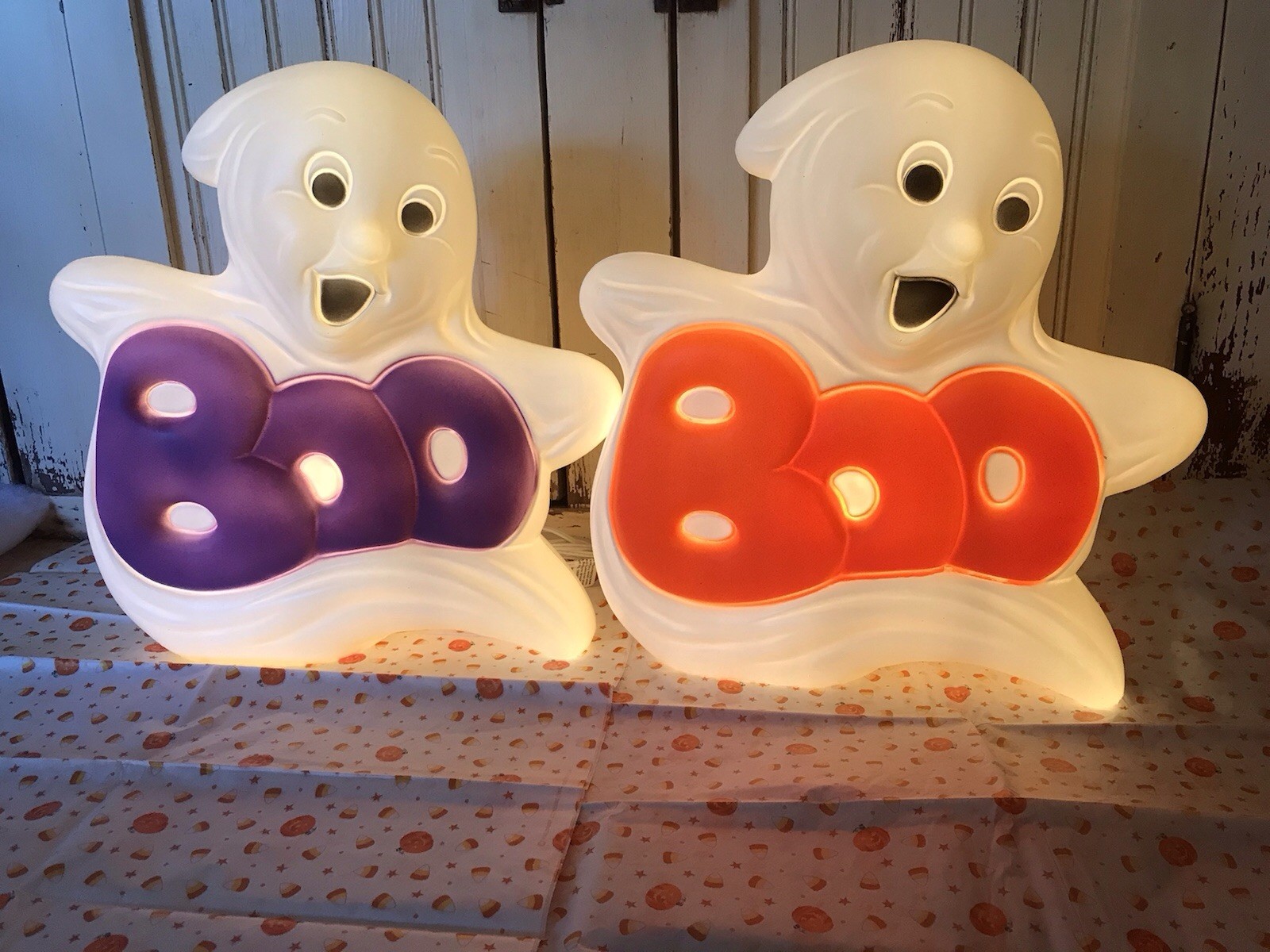 Blow Mold Halloween  Boo Ghosts Light Up Grand Venture PAIR  Purple And Orange