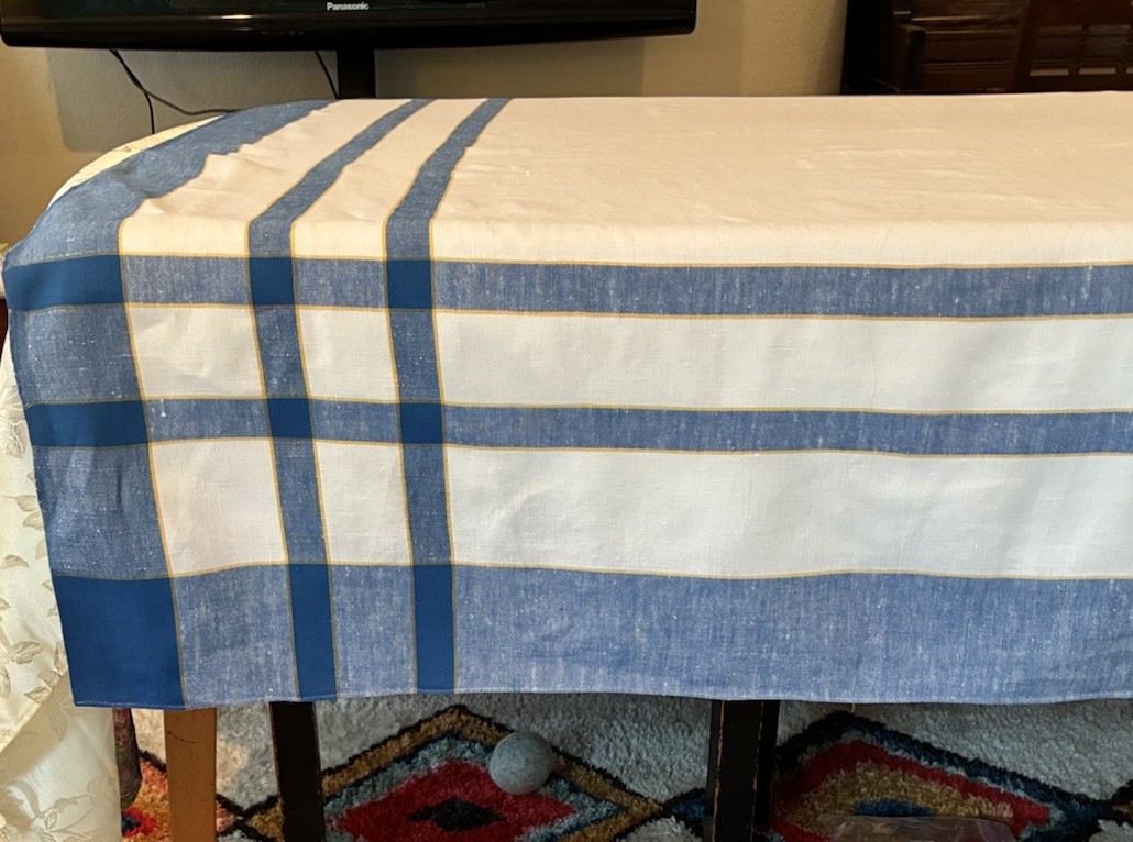 Vintage French Linen Tablecloth Blue Border Stripe Woven Selvedge Restored 63x59