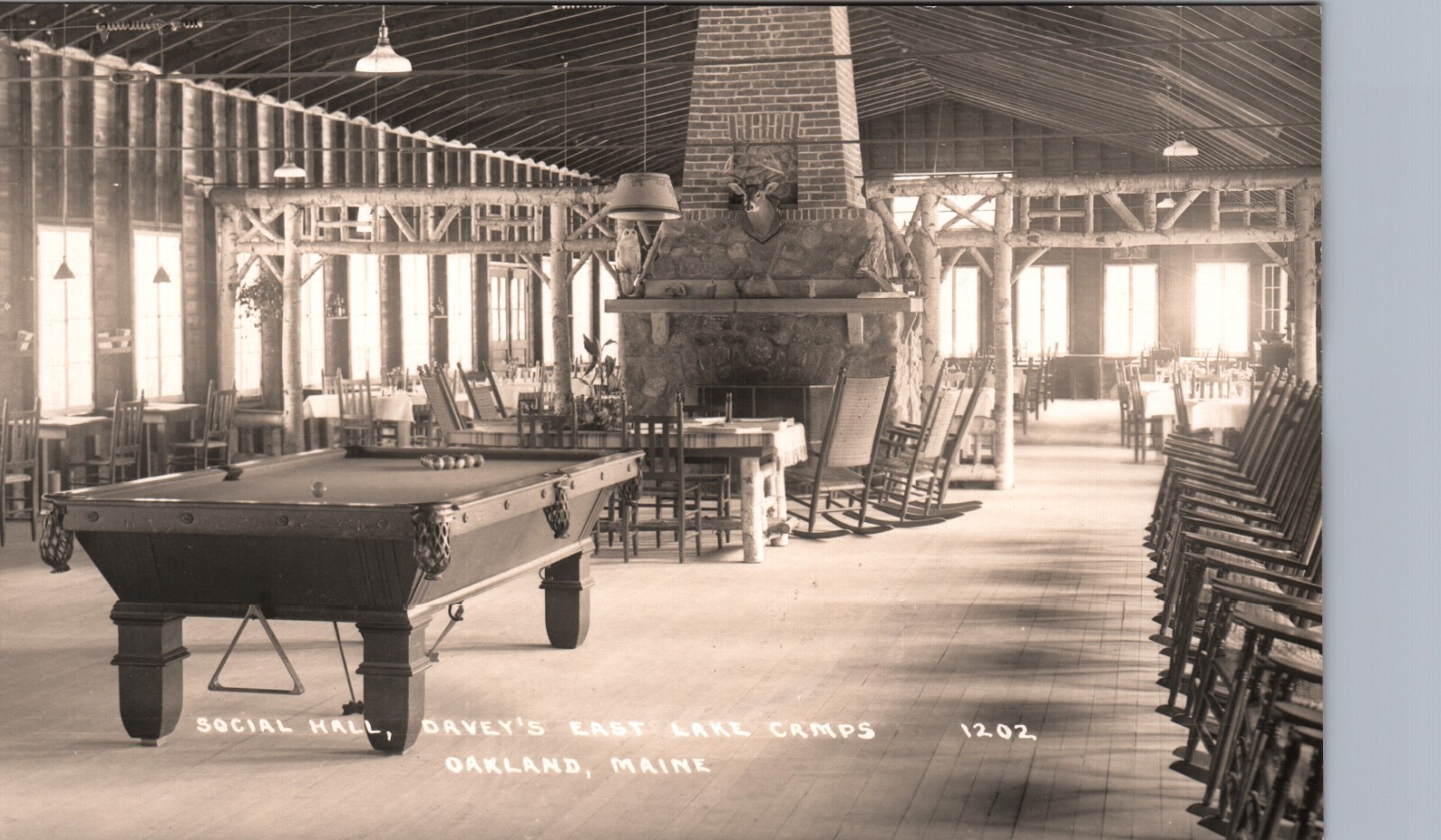 BILLIARDS TABLE oakland me real photo postcard rppc daveys east lake camps maine
