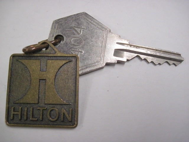 Hilton Hotel Motel Room Key & Gold/Brown Metal Key Fob Tag #404 Kenner LA