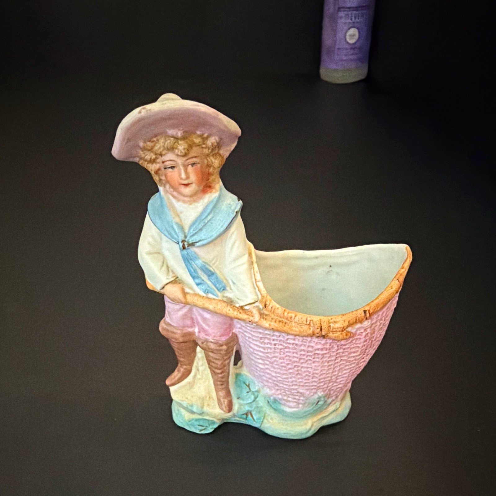 Vintage Hand Painted Ceramic Victorian Boy Figure Planter Pink Blue White