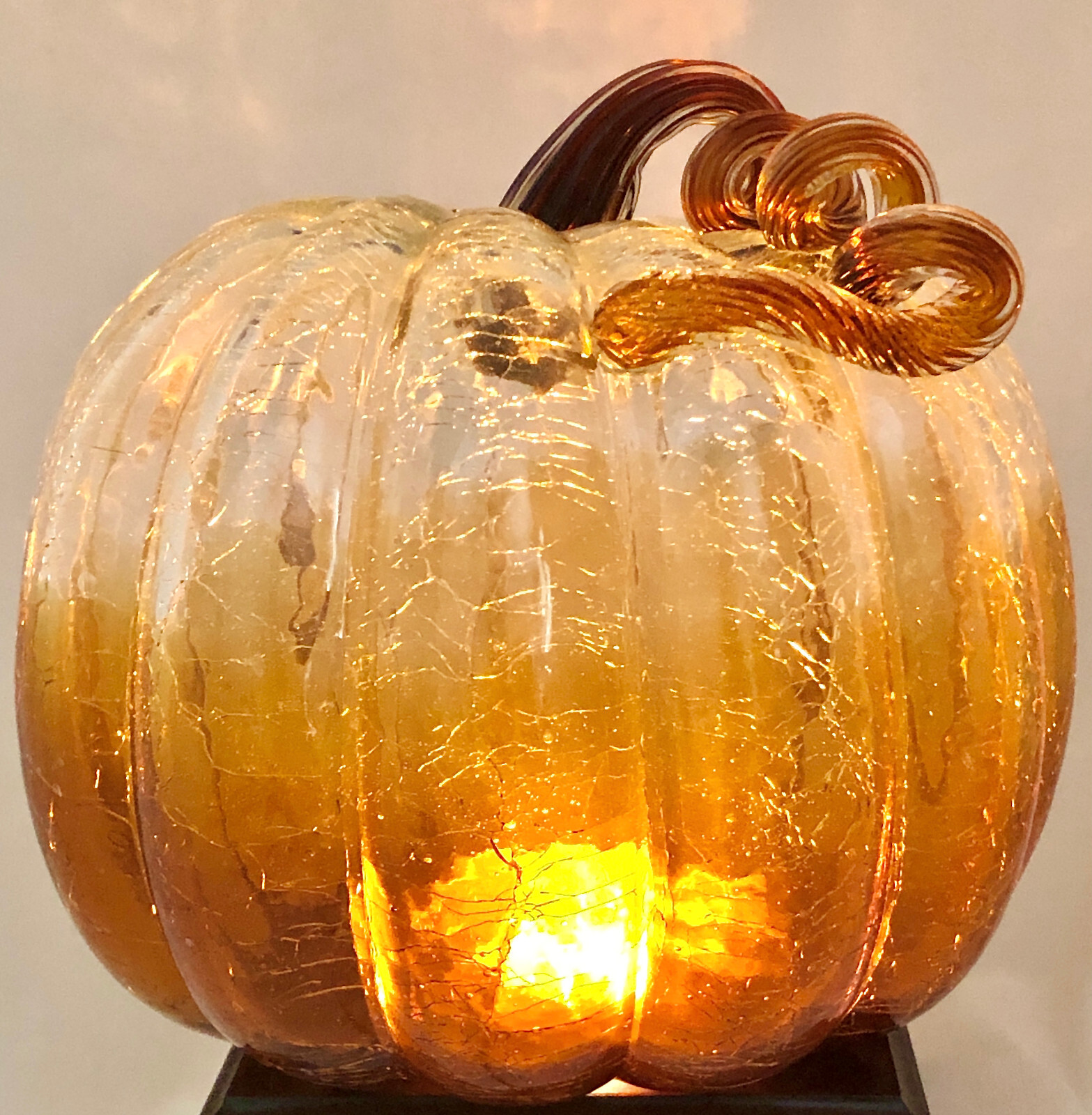 Crackle Glass Pumpkin, Hand Blown Amberina, Applied Stem, 9”