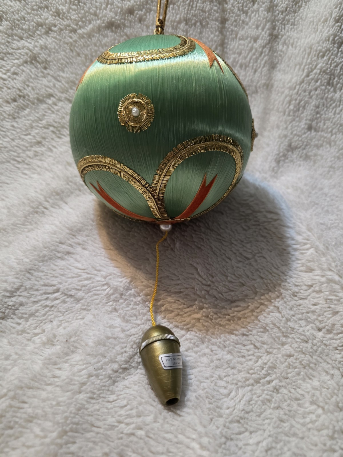 Vintage Green Satin Ball Ornament Musical Pull String Holy Night Christmas Japan Vintage Green Satin Ball Ornament Musical Pull String Holy Night Christmas Japan